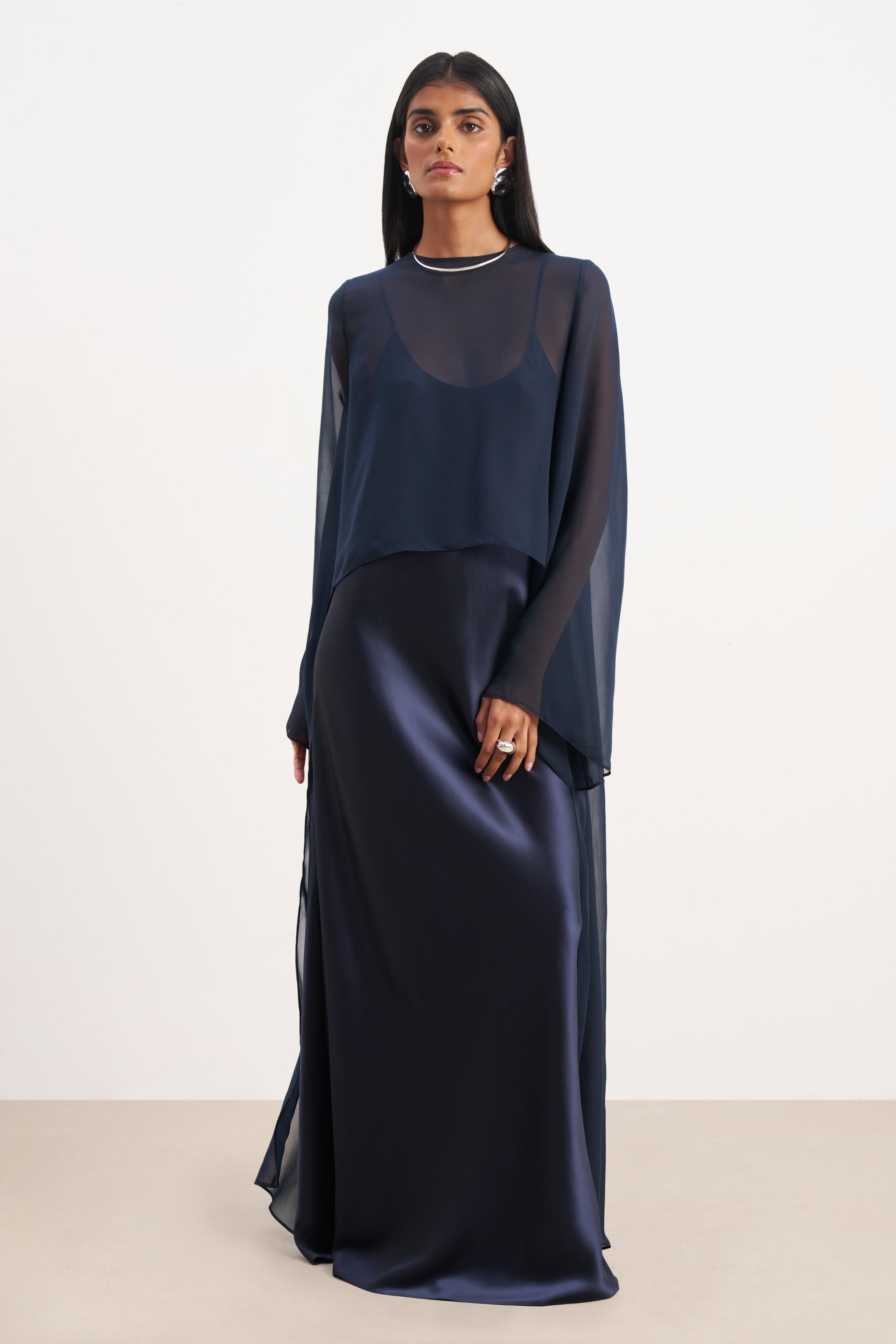 Sheer Chiffon Cape Blouse - Navy