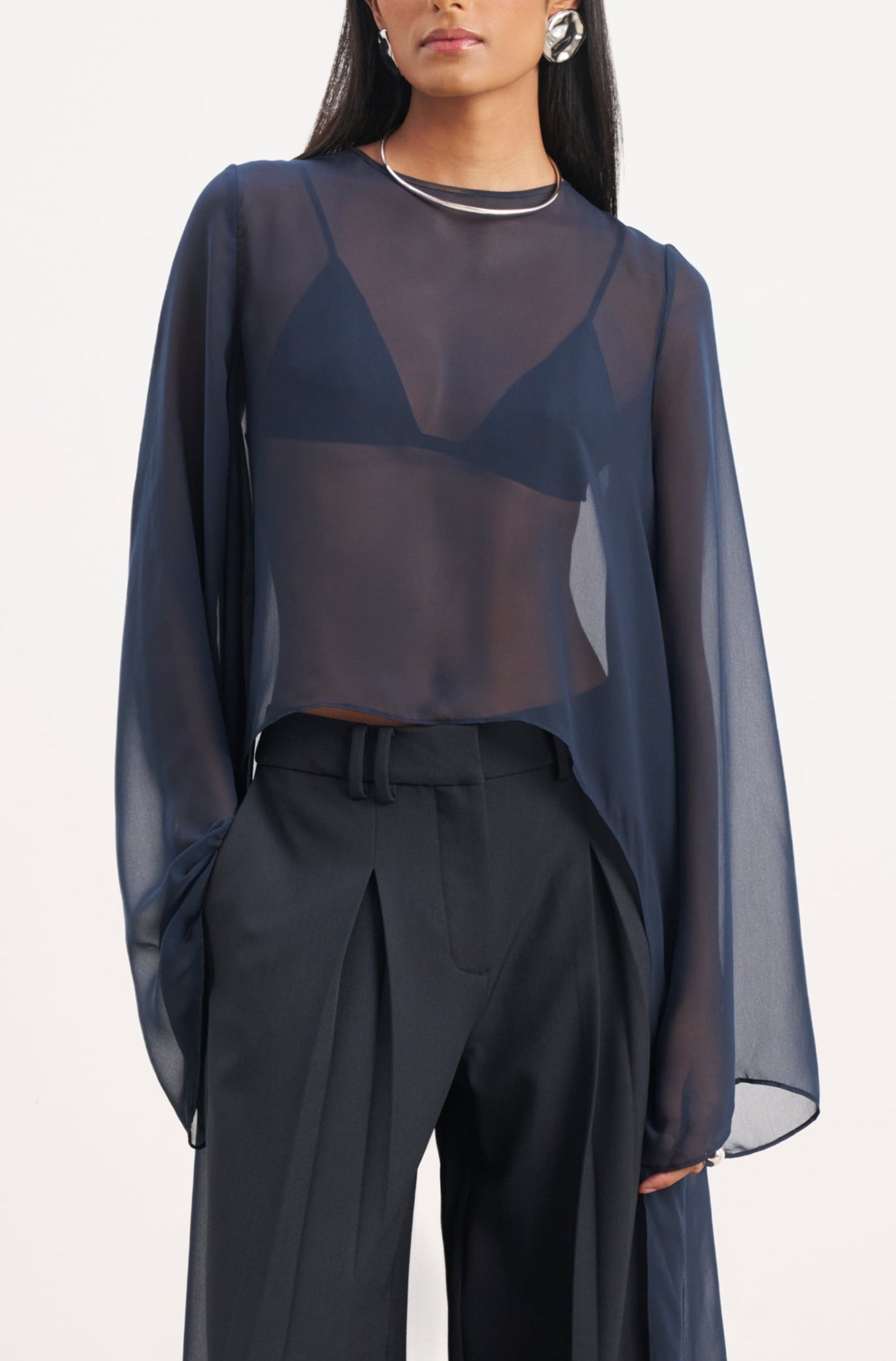 Sheer Chiffon Cape Blouse - Navy
