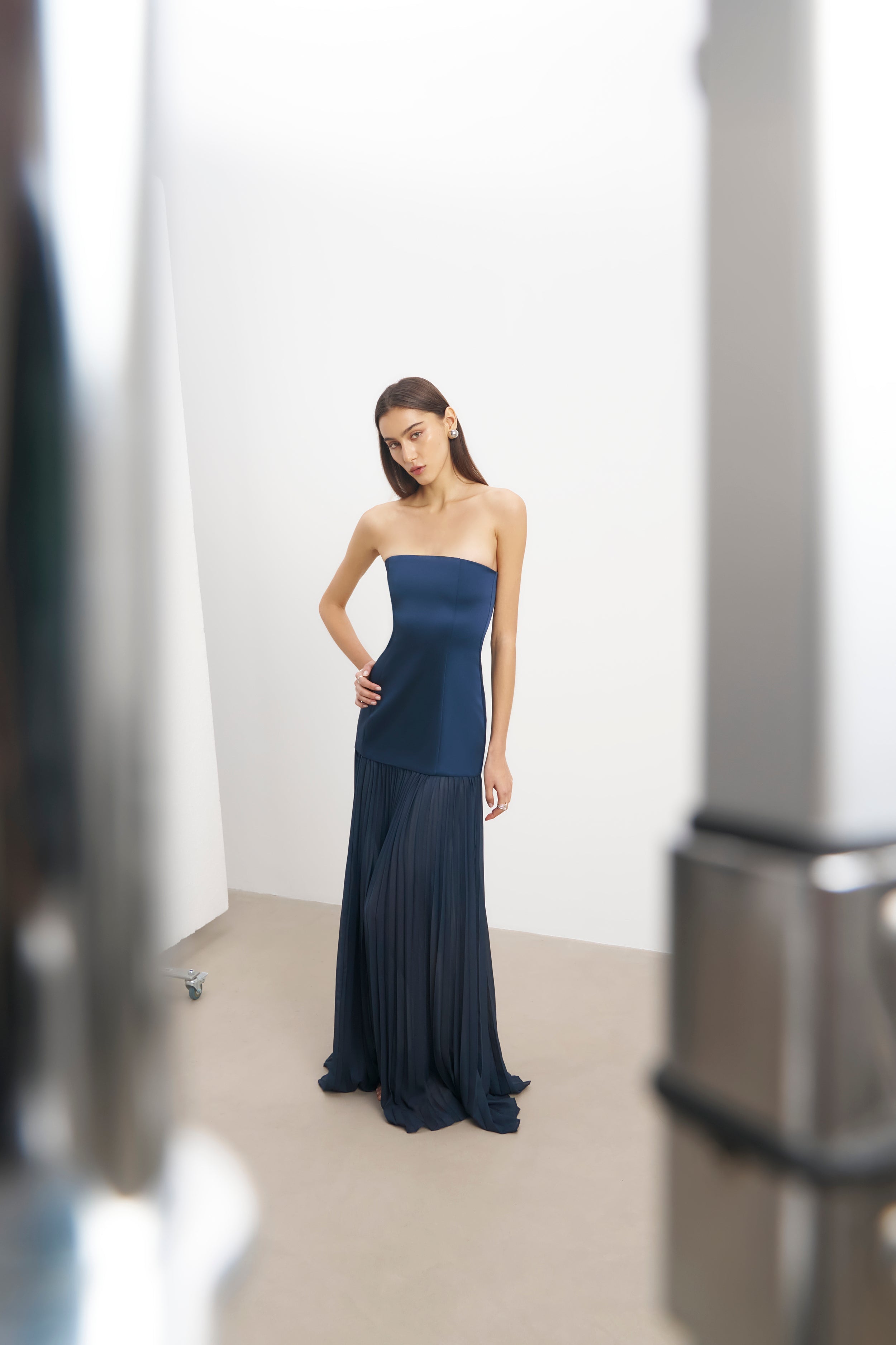 Satin Structured Bodice Gown - Navy