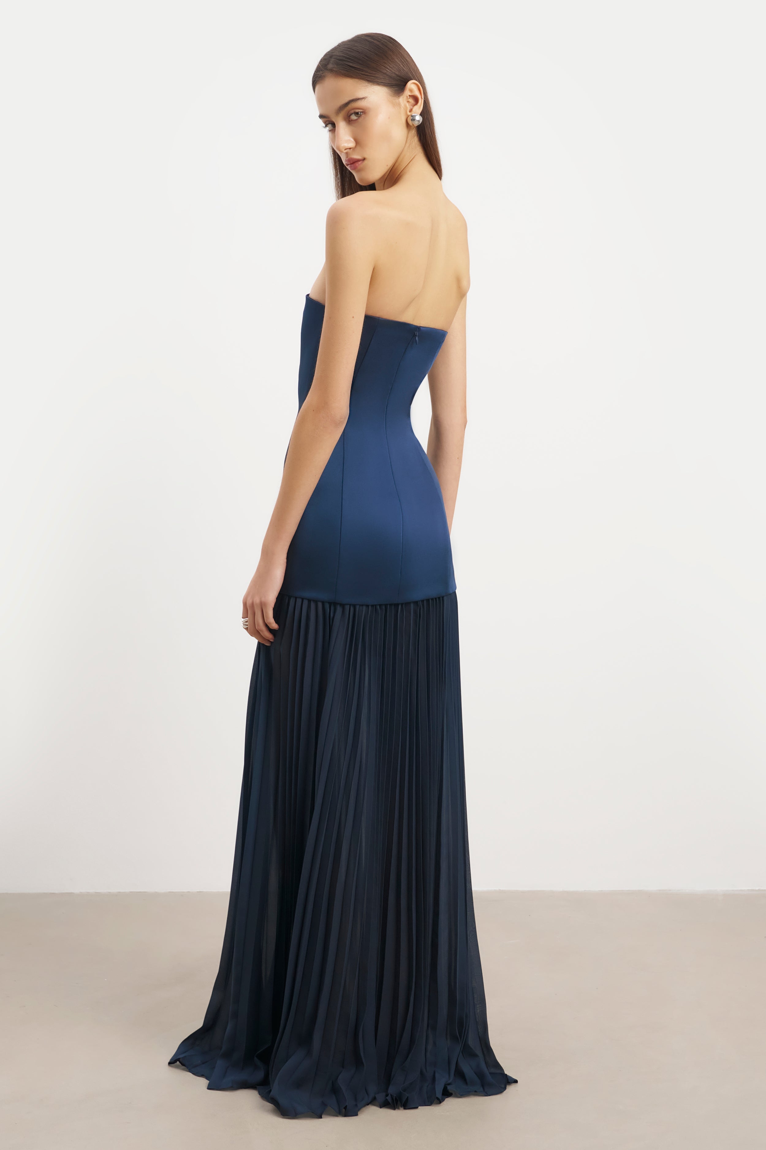 Satin Structured Bodice Gown - Navy