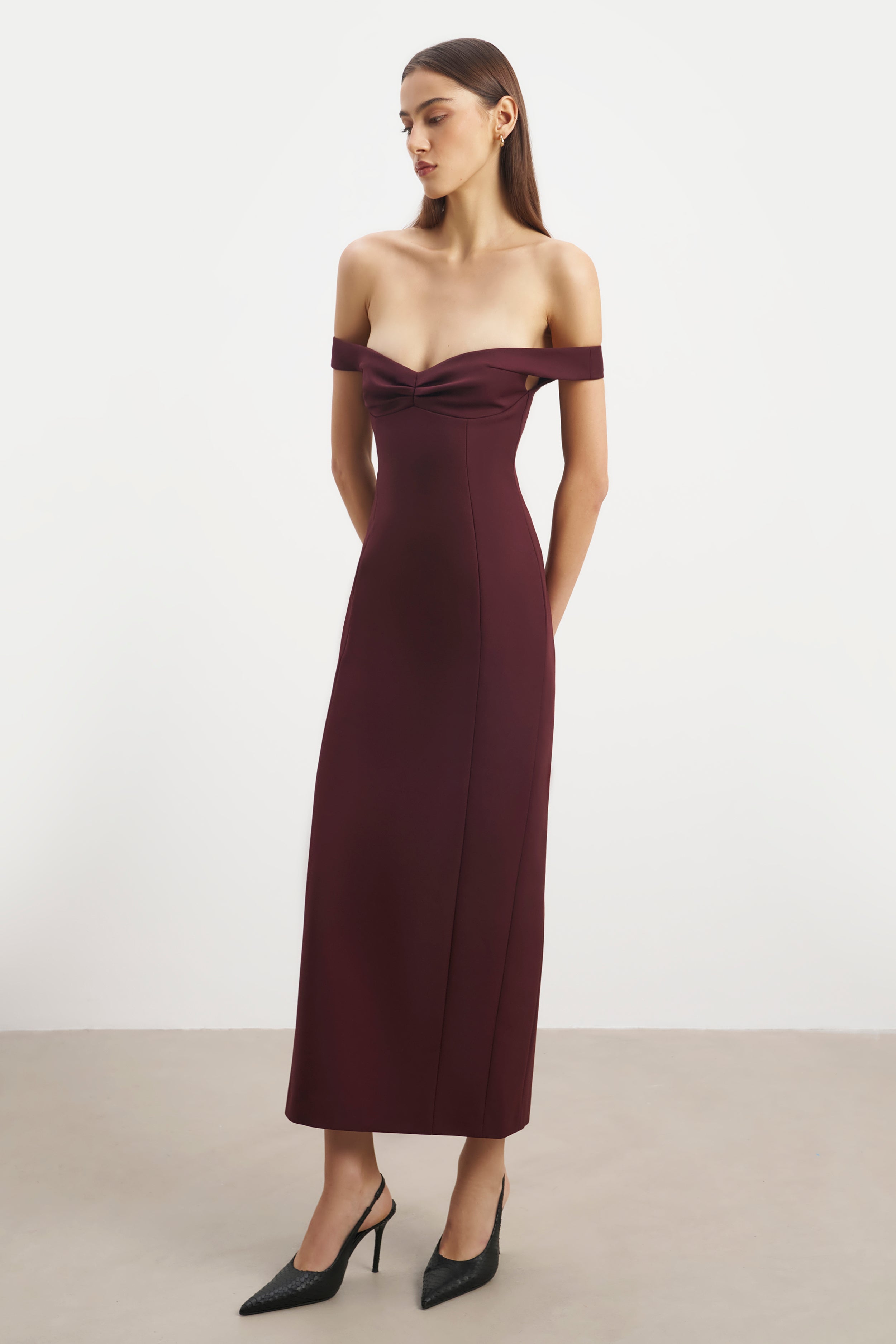 Tailored Ruched Bardot Midi Dress - Mulberry