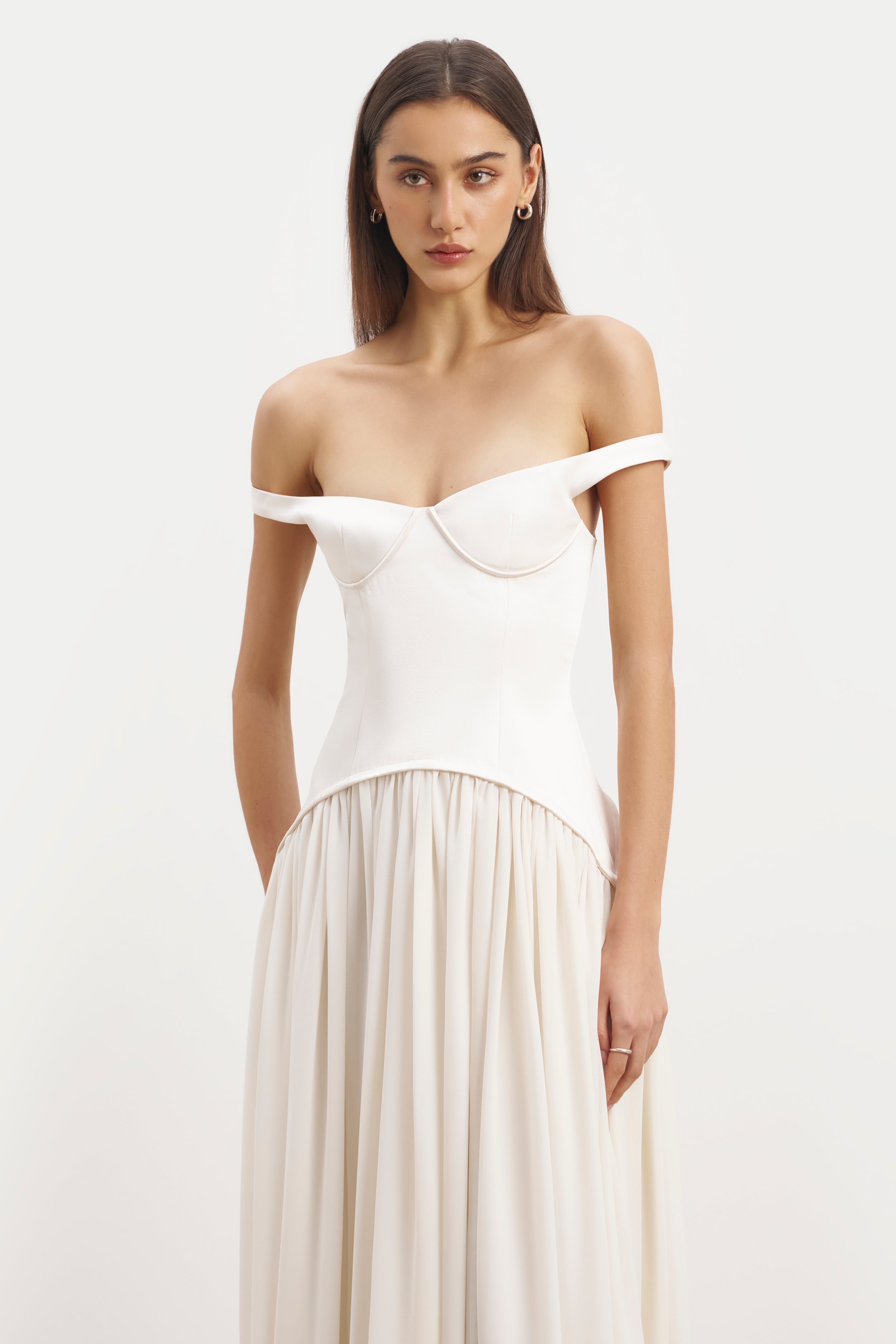 Satin Corset Off Shoulder Gown - Cream