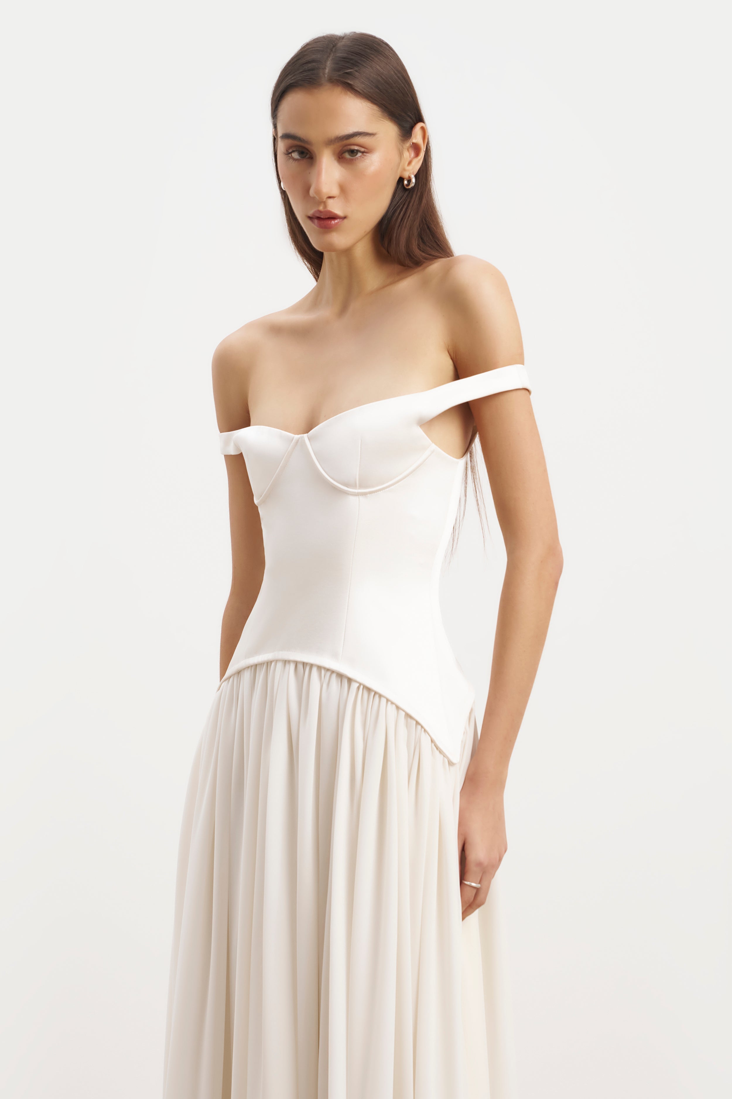 Satin Corset Off Shoulder Gown - Cream