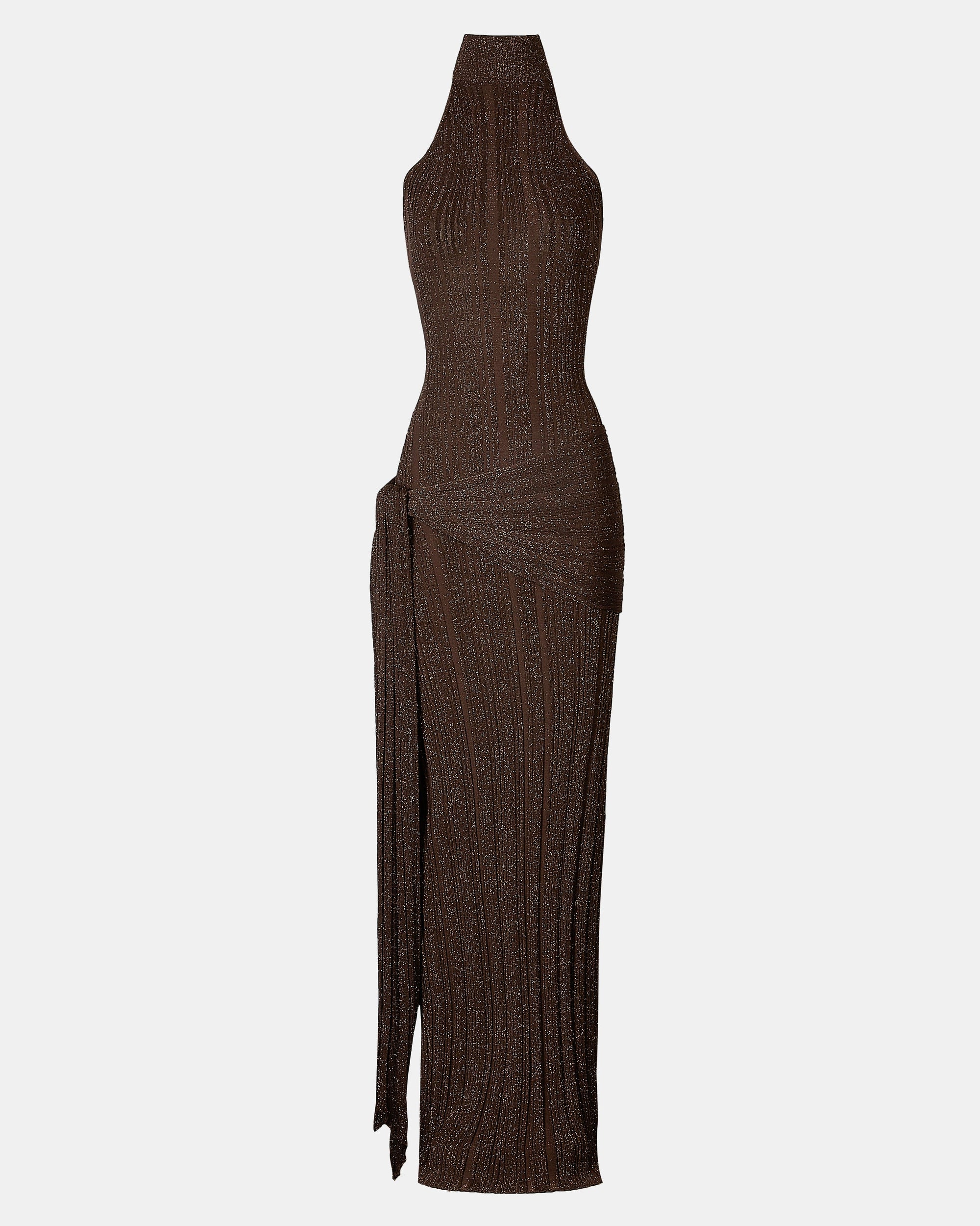 Fine Knit Gathered Halter Neck Maxi Dress - Carob Shimmer