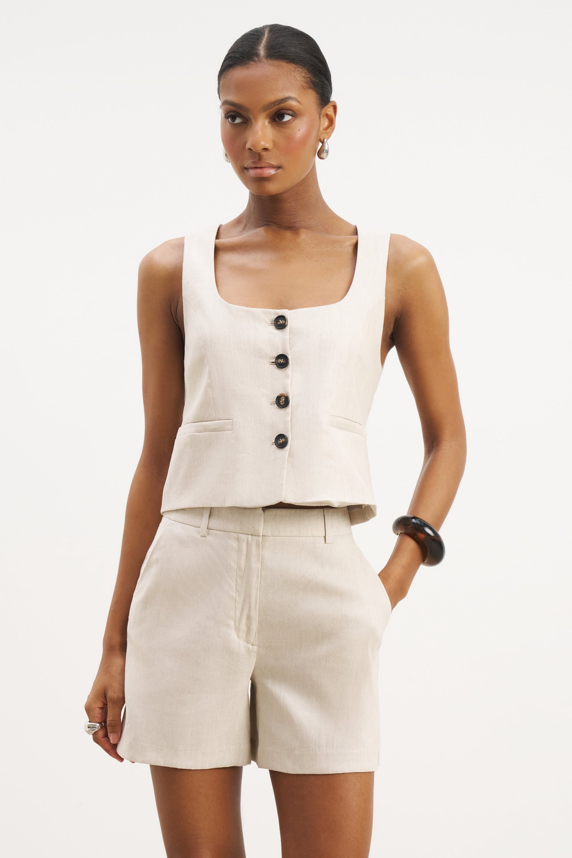Scoop Neck Linen Waistcoat - Birch