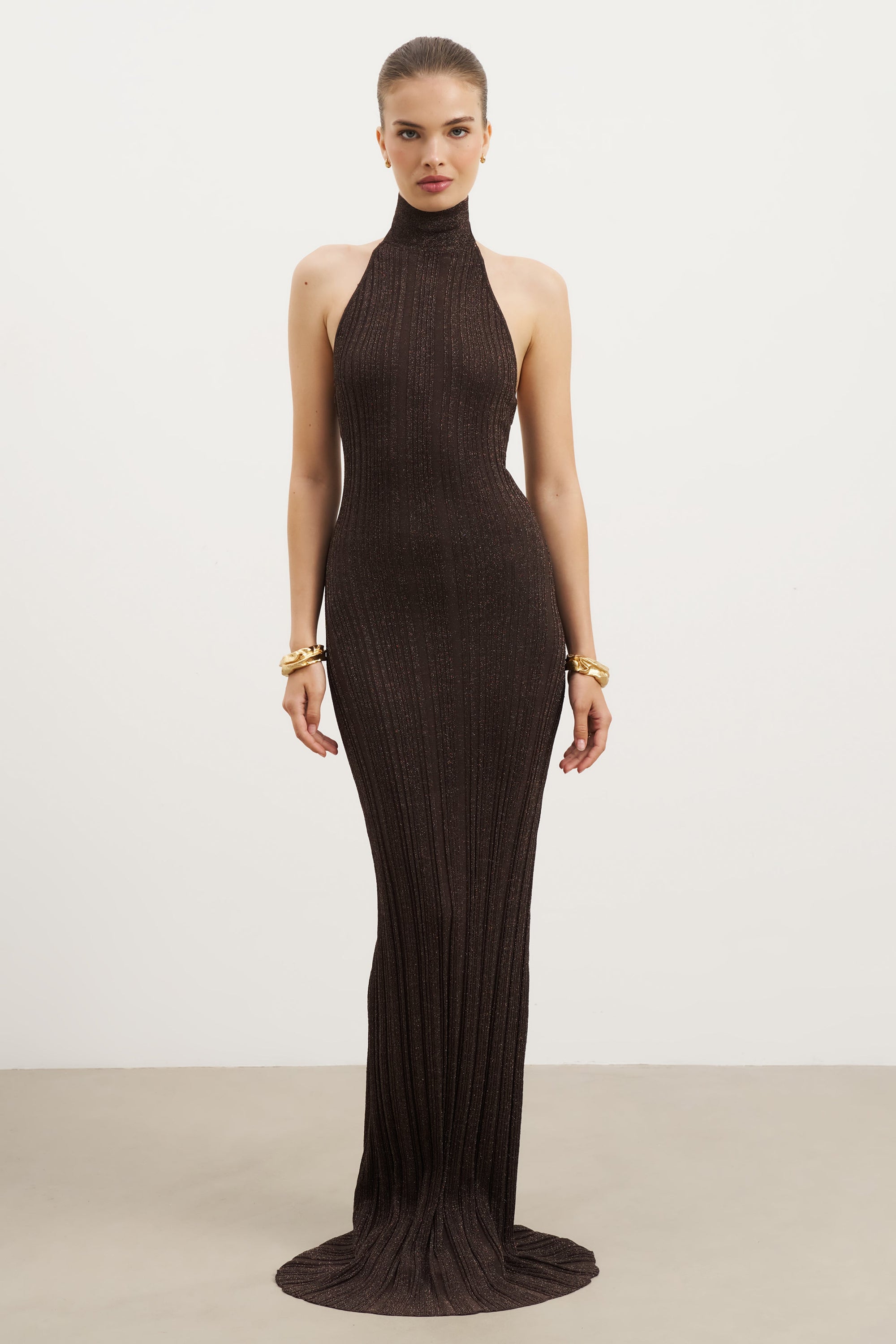 Fine Knit Gathered Halter Neck Maxi Dress - Carob Shimmer