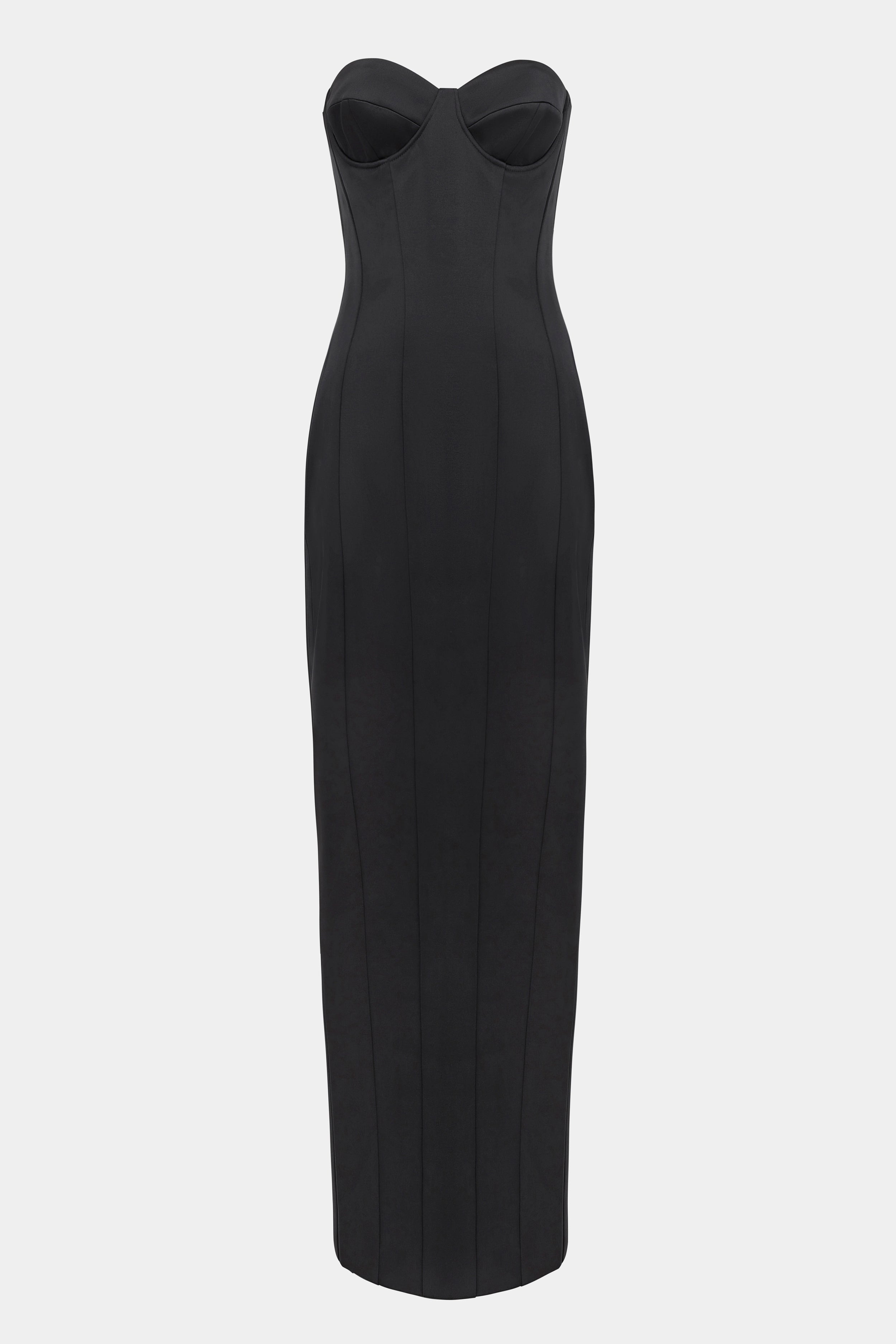 Satin Column Corset Maxi Dress - Black