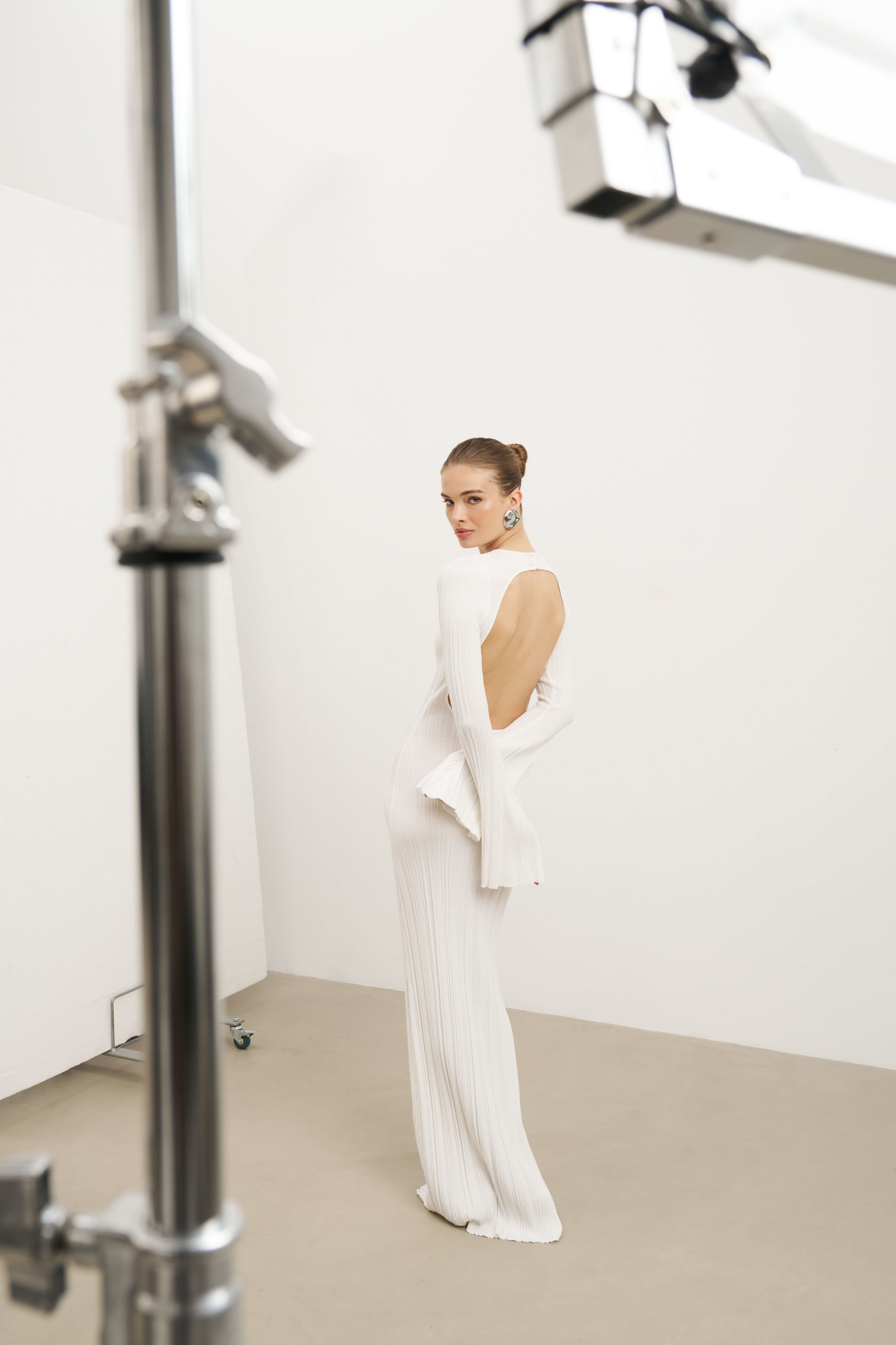 Fine Knit Longsleeve Open Back Maxi Dress - White Shimmer