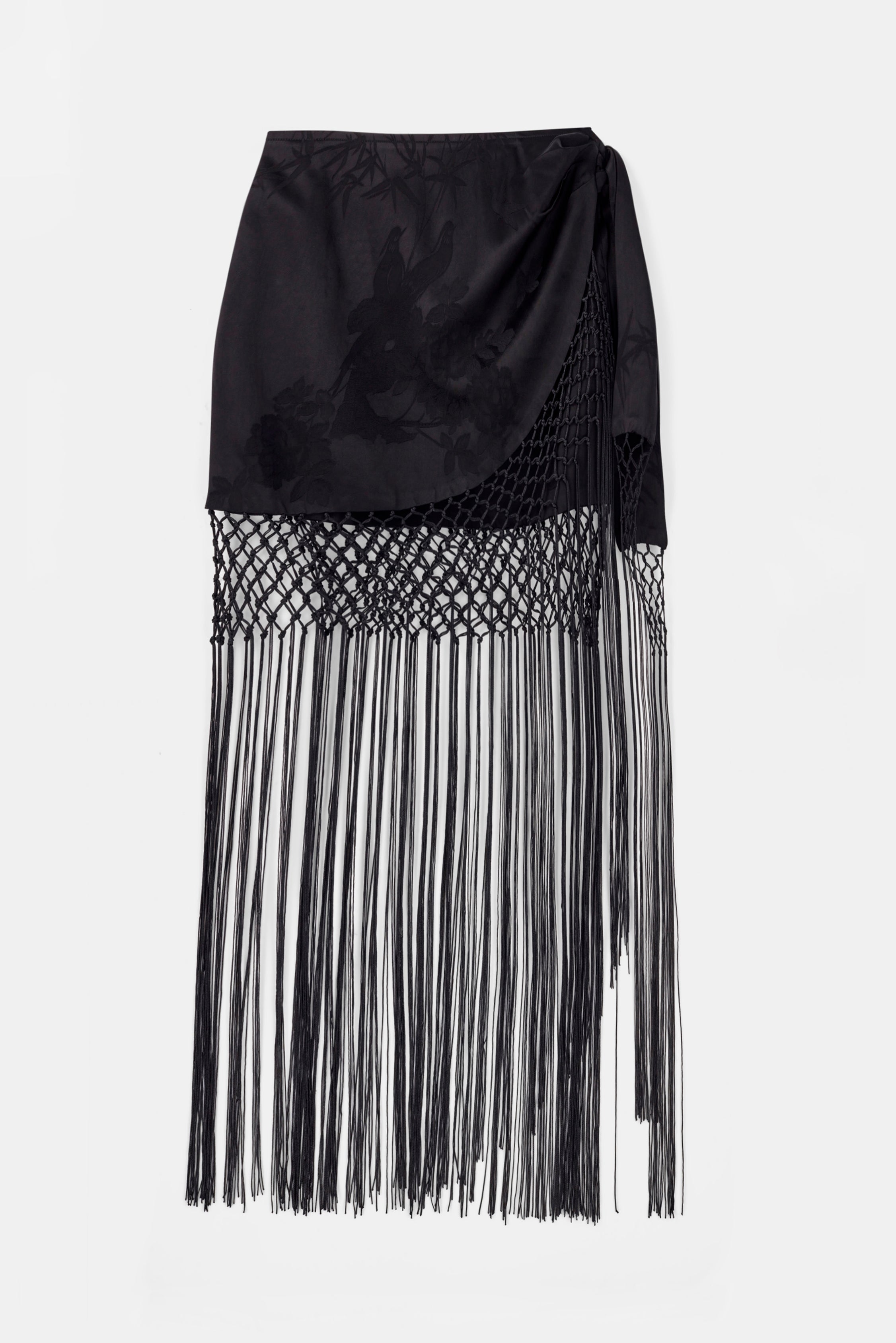 Satin Jacquard Sarong Midi Skirt with Fringing - Black