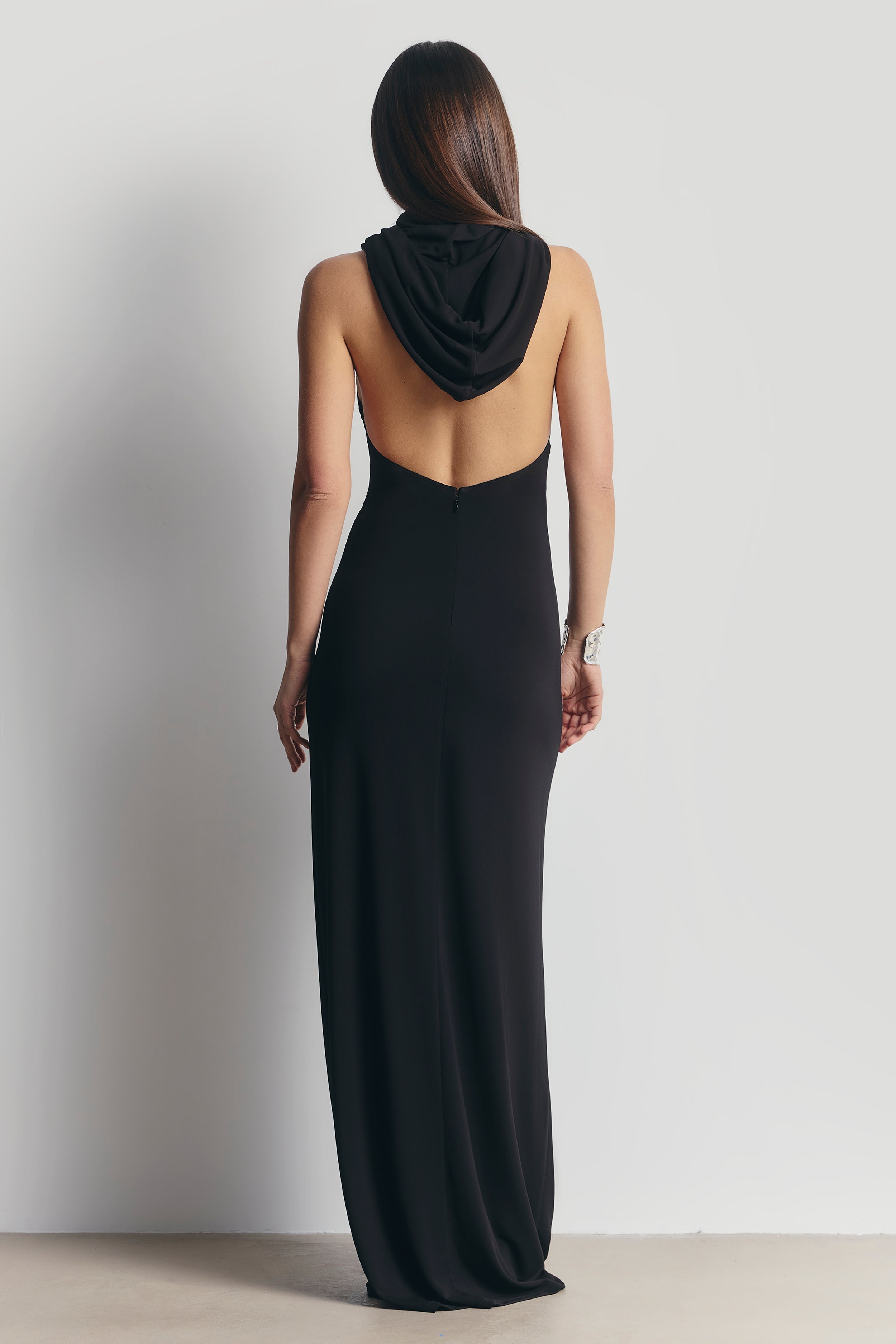 Hooded Halterneck Maxi Dress - Black