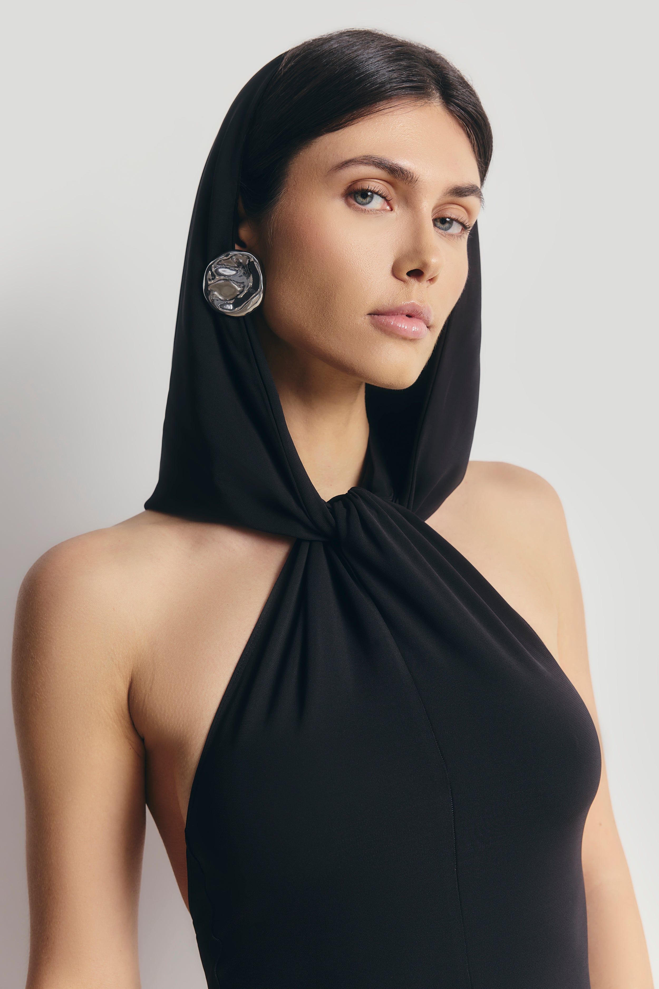 Hooded Halterneck Maxi Dress - Black