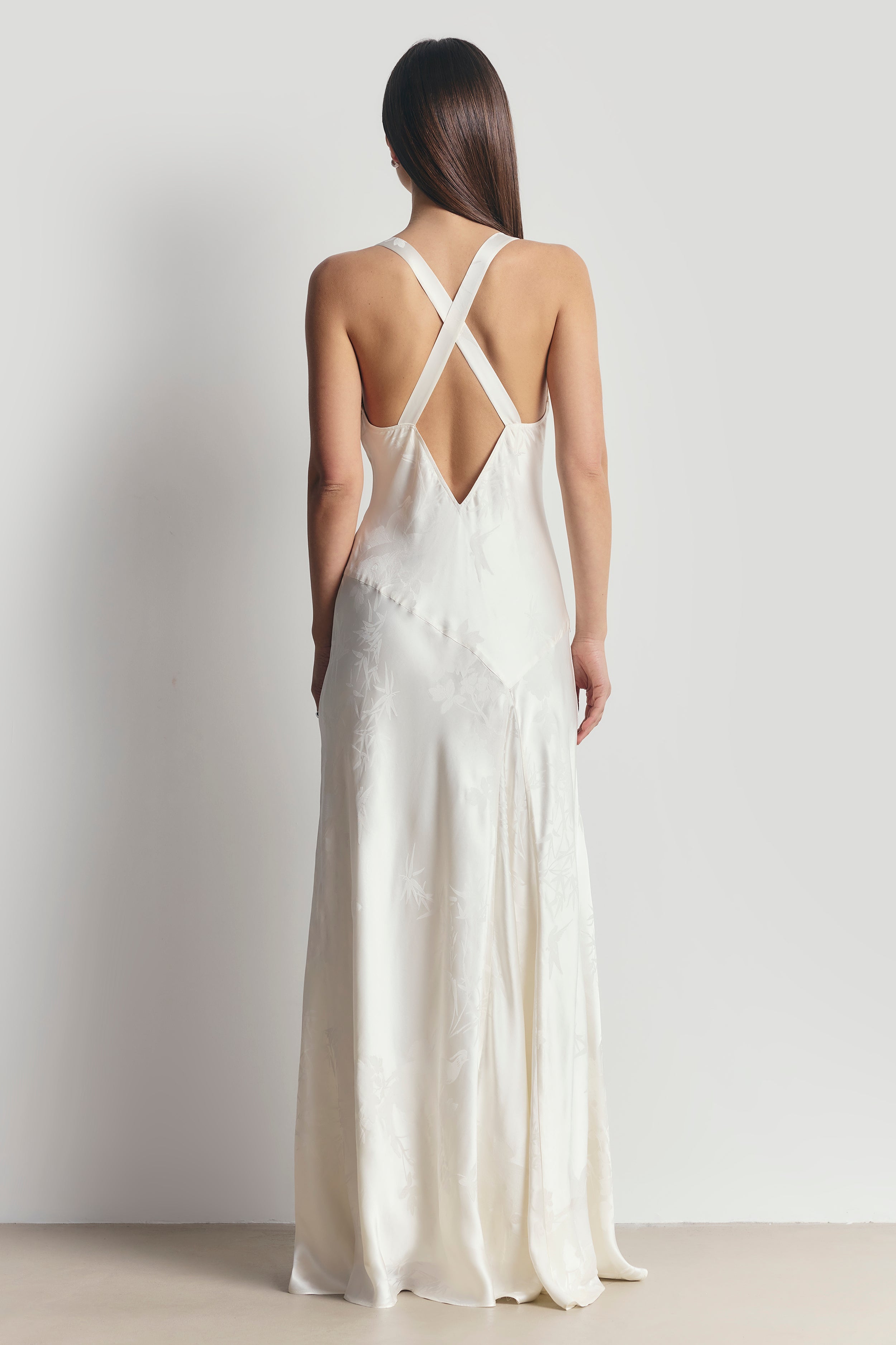 Satin Jacquard Asymmetric Panel Gown - Cream