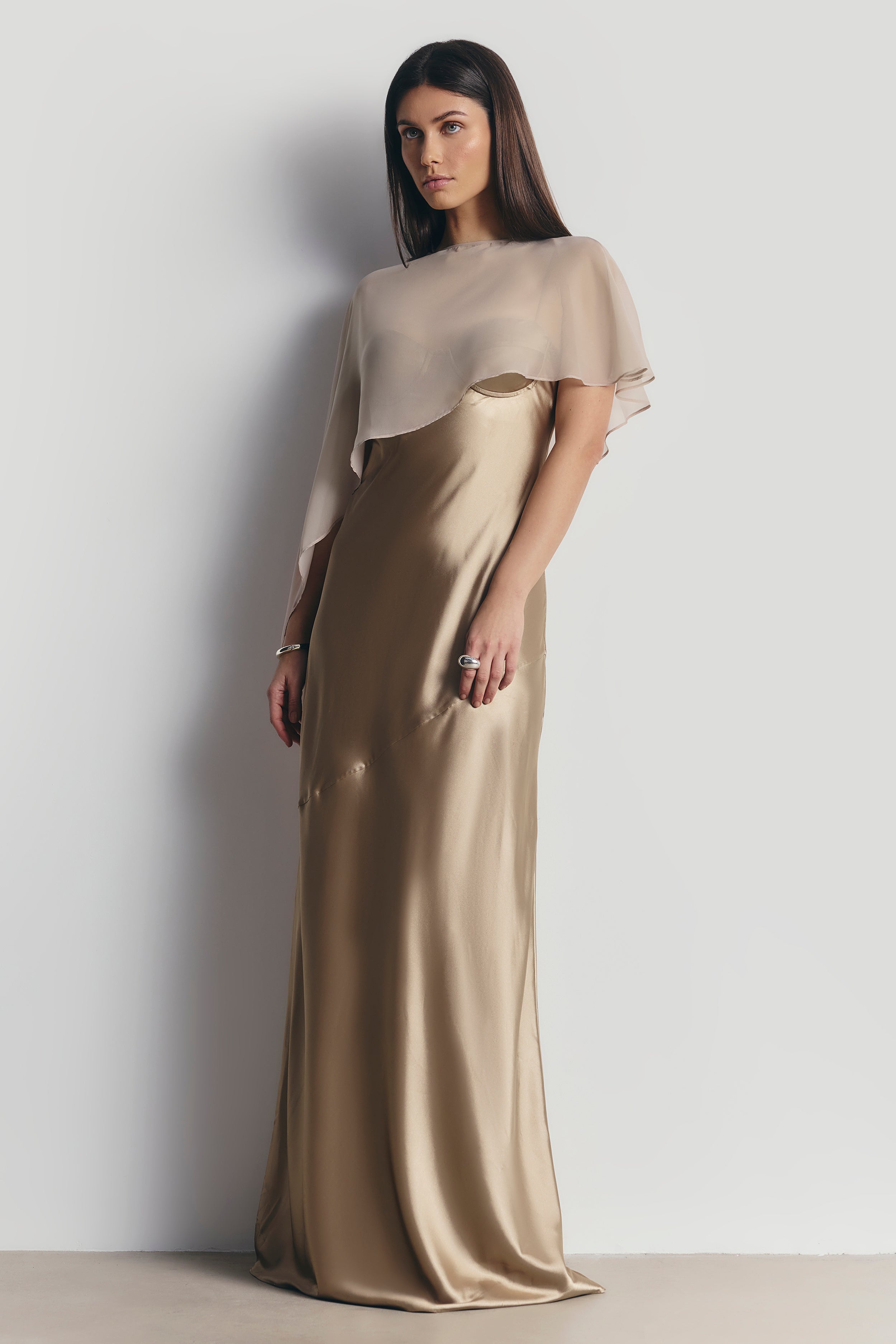 Sheer Chiffon Asymmetric Cape - Champagne