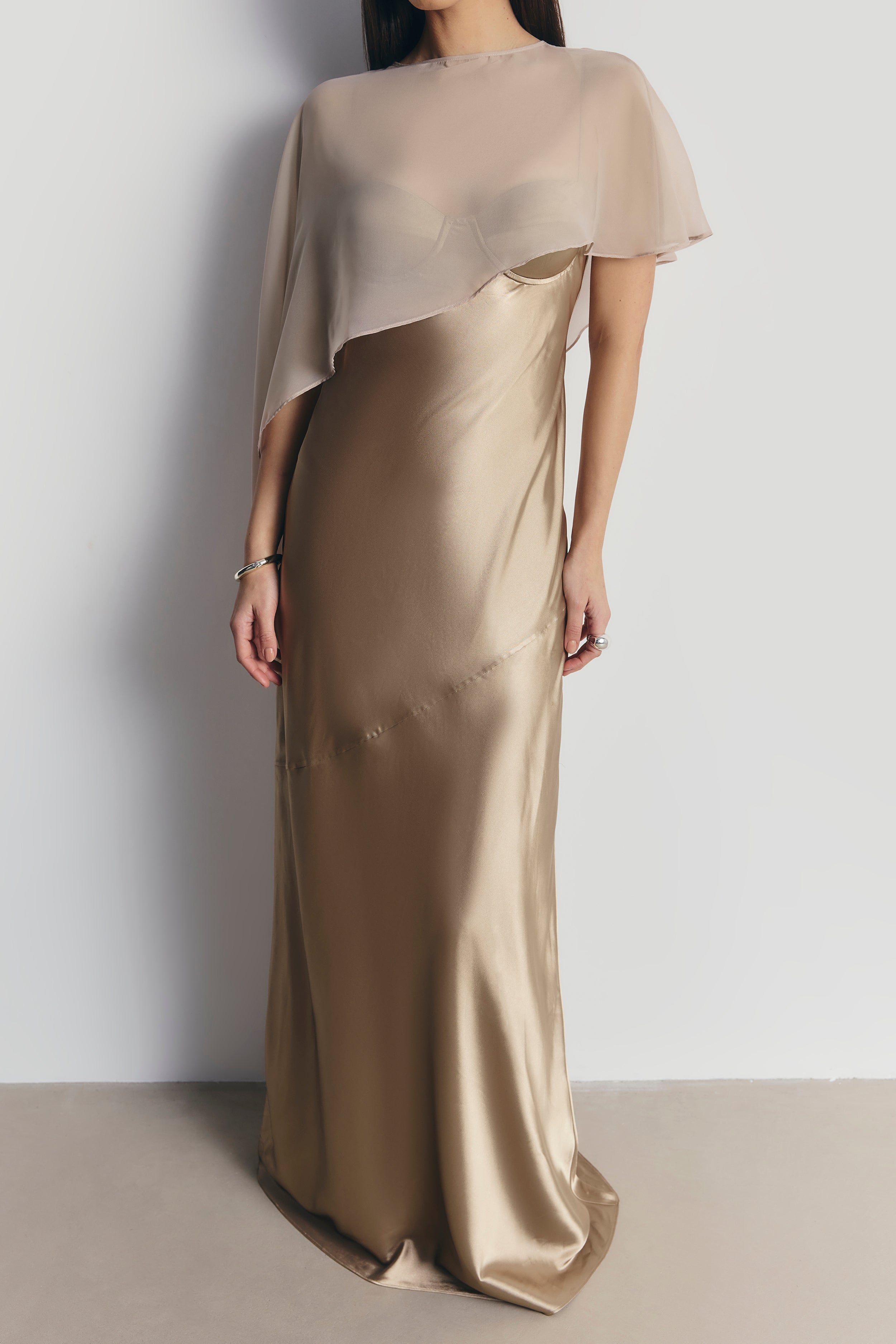 Sheer Chiffon Asymmetric Cape - Champagne
