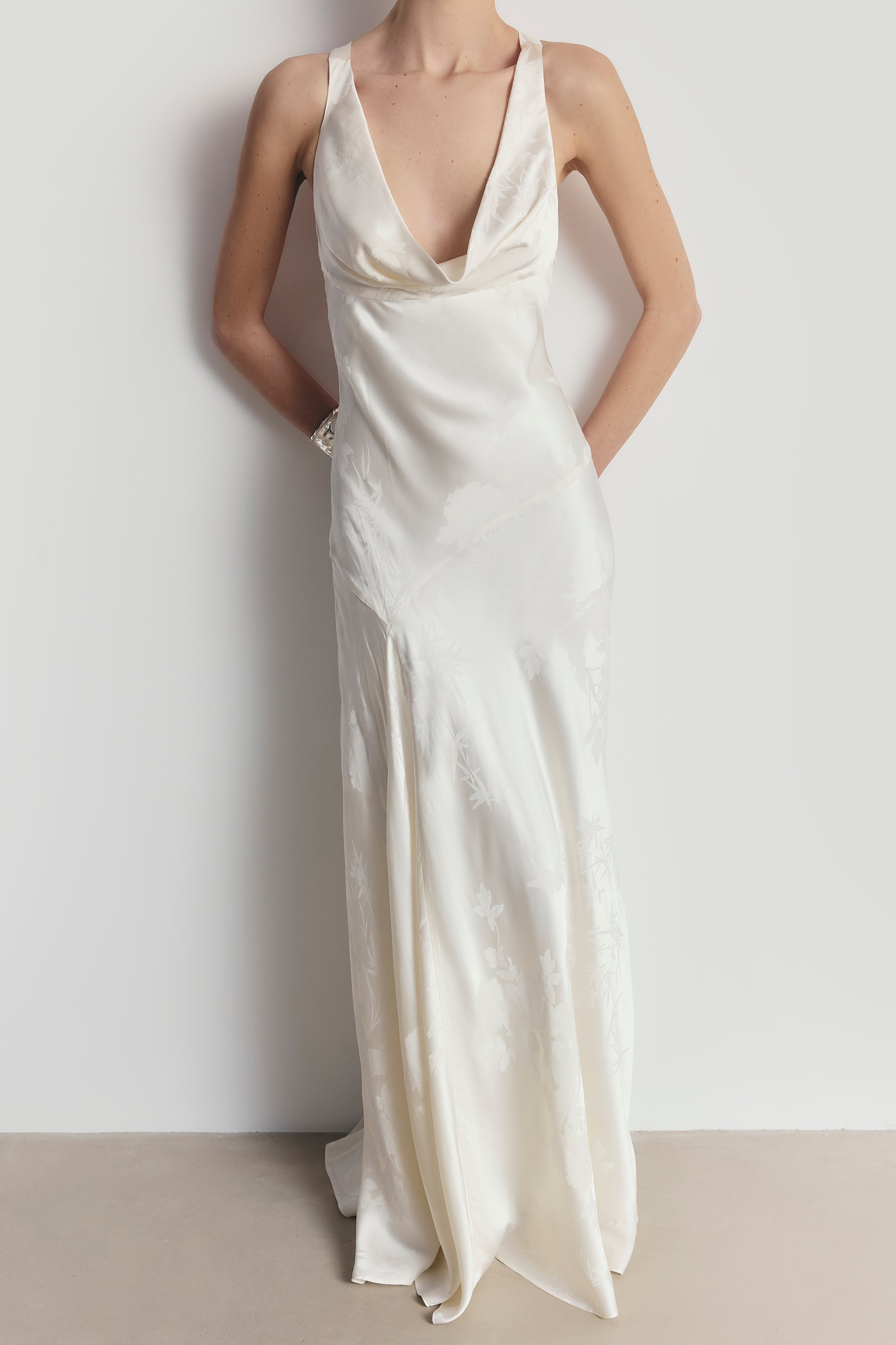 Satin Jacquard Asymmetric Panel Gown - Cream