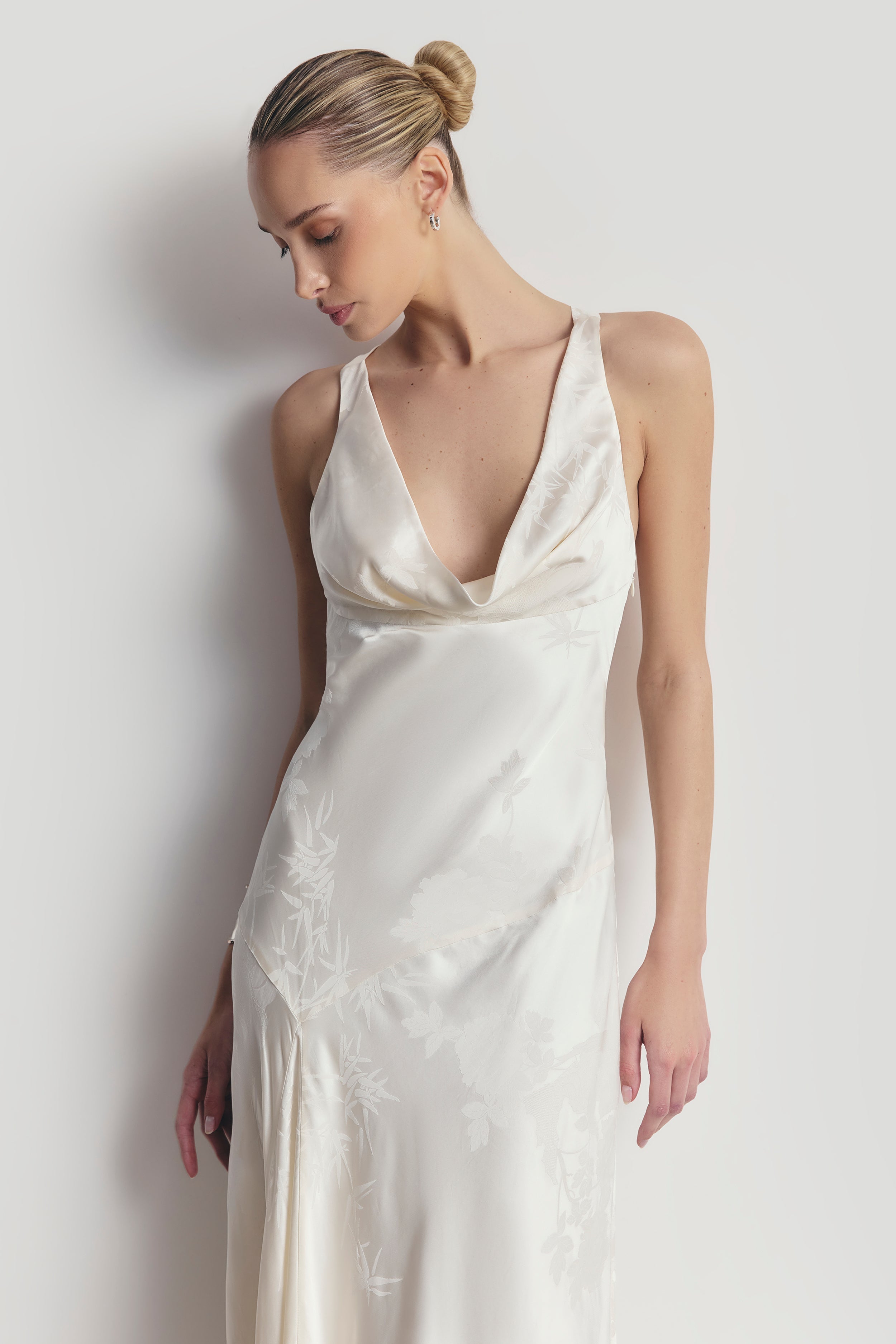 Satin Jacquard Asymmetric Panel Gown - Cream