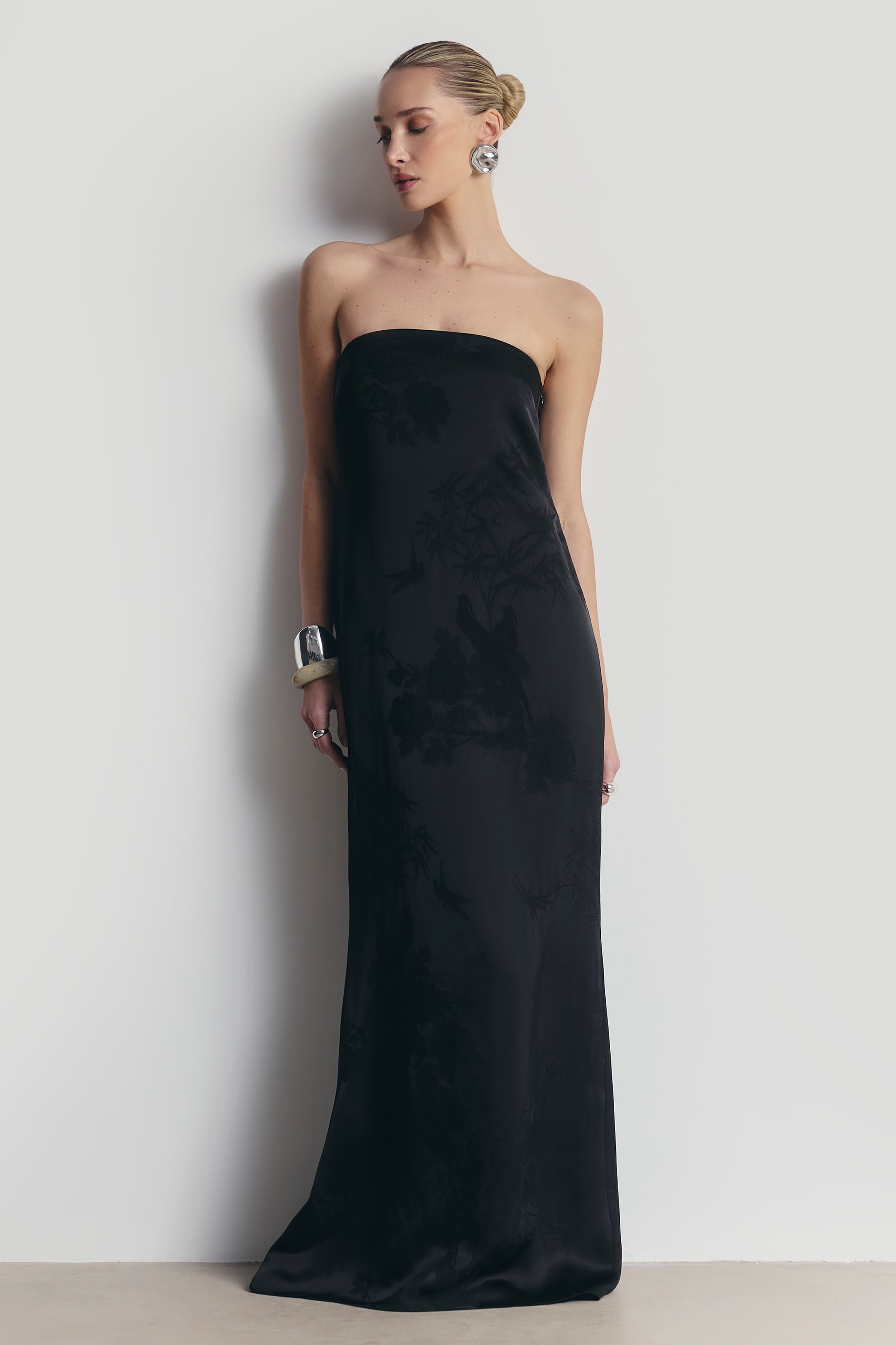 Satin Jacquard Strapless Maxi Dress - Black