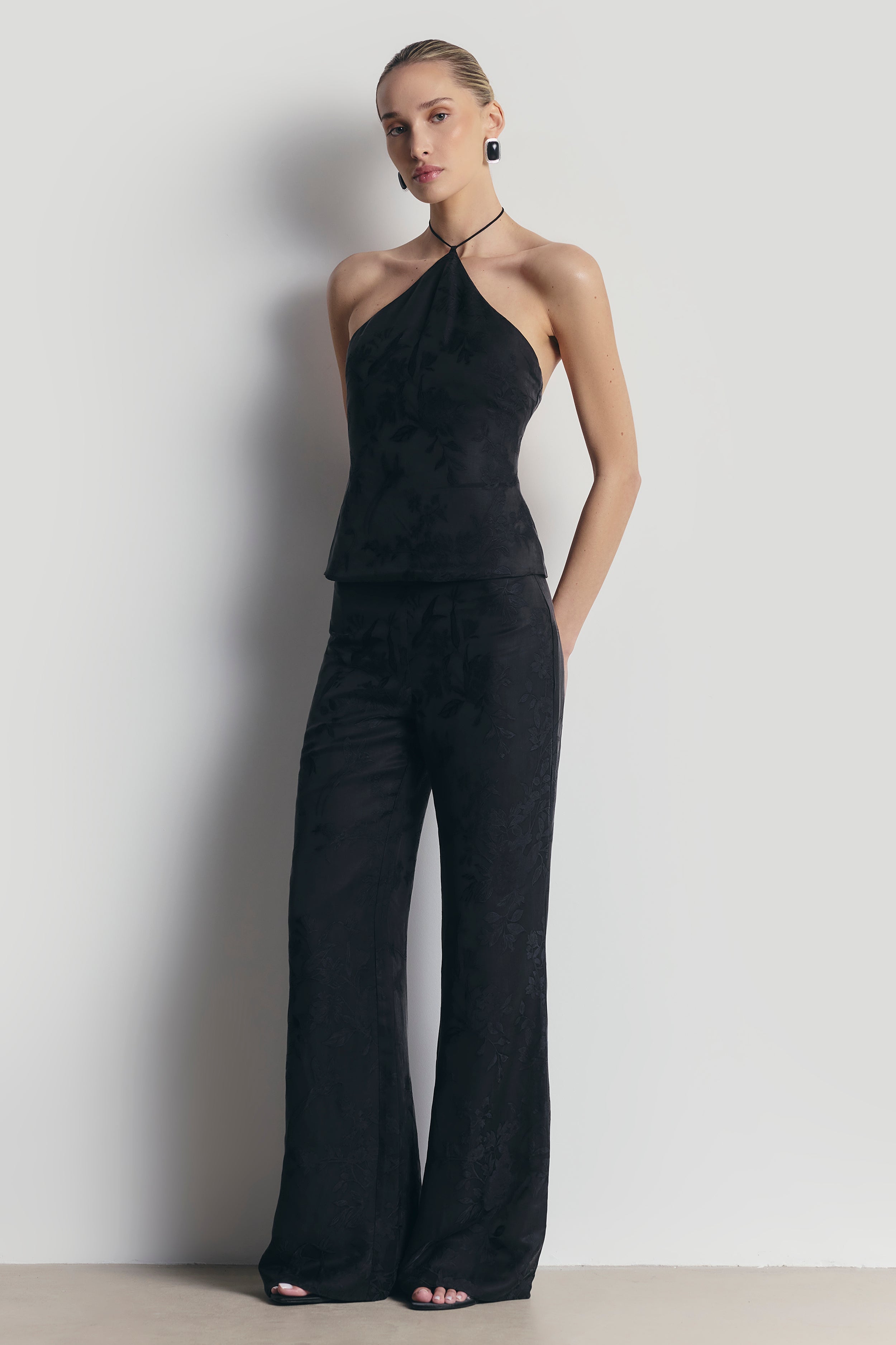 Cupro Jacquard Tailored Wide Leg Trousers - Charcoal
