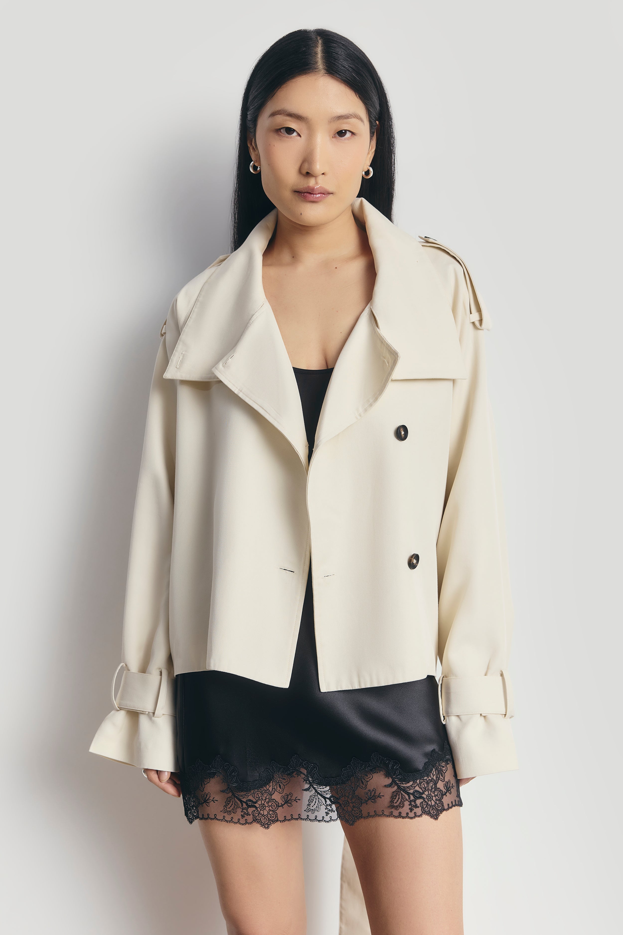 Cropped Funnel Neck Trench - Ecru