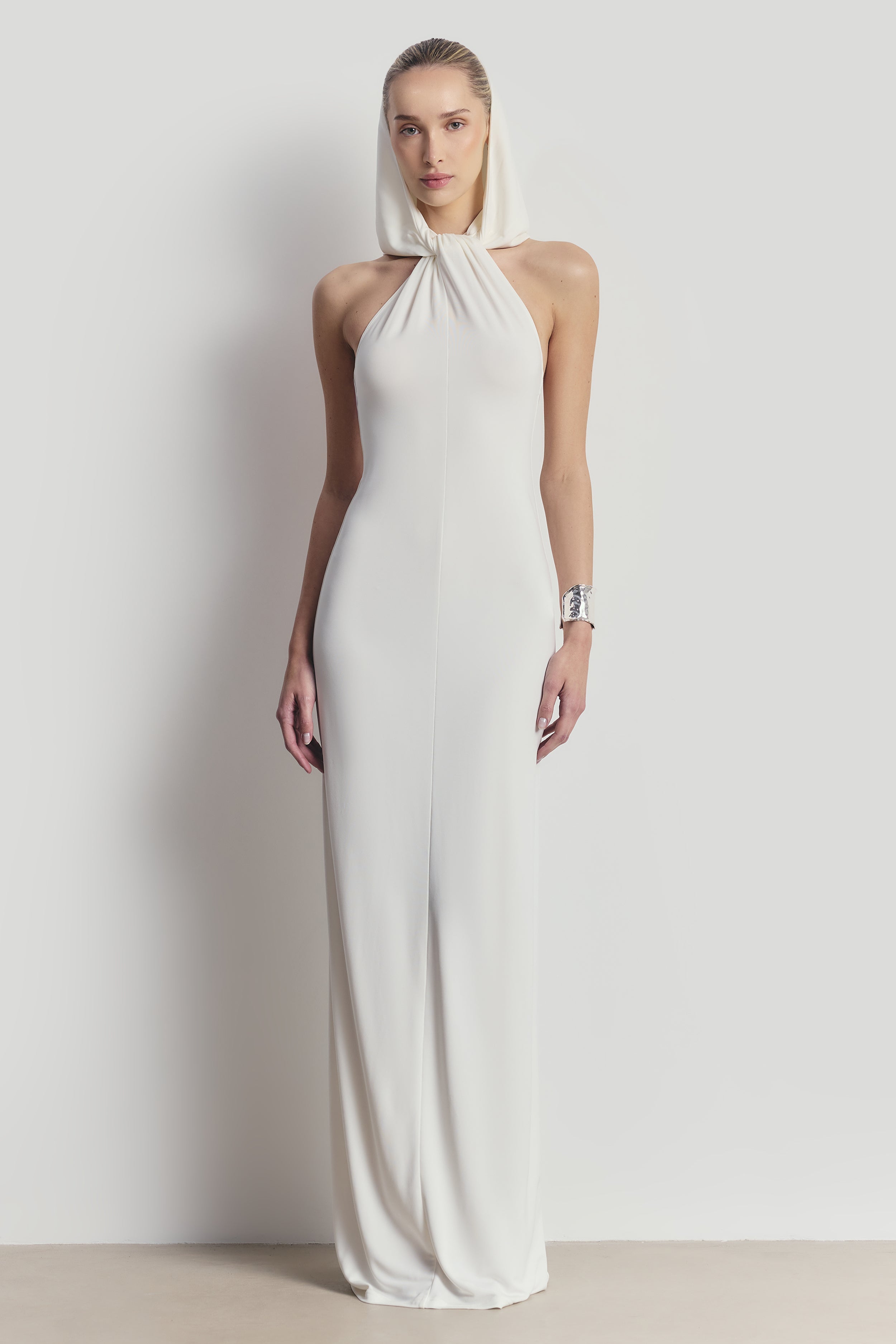 Hooded Halterneck Maxi Dress - White