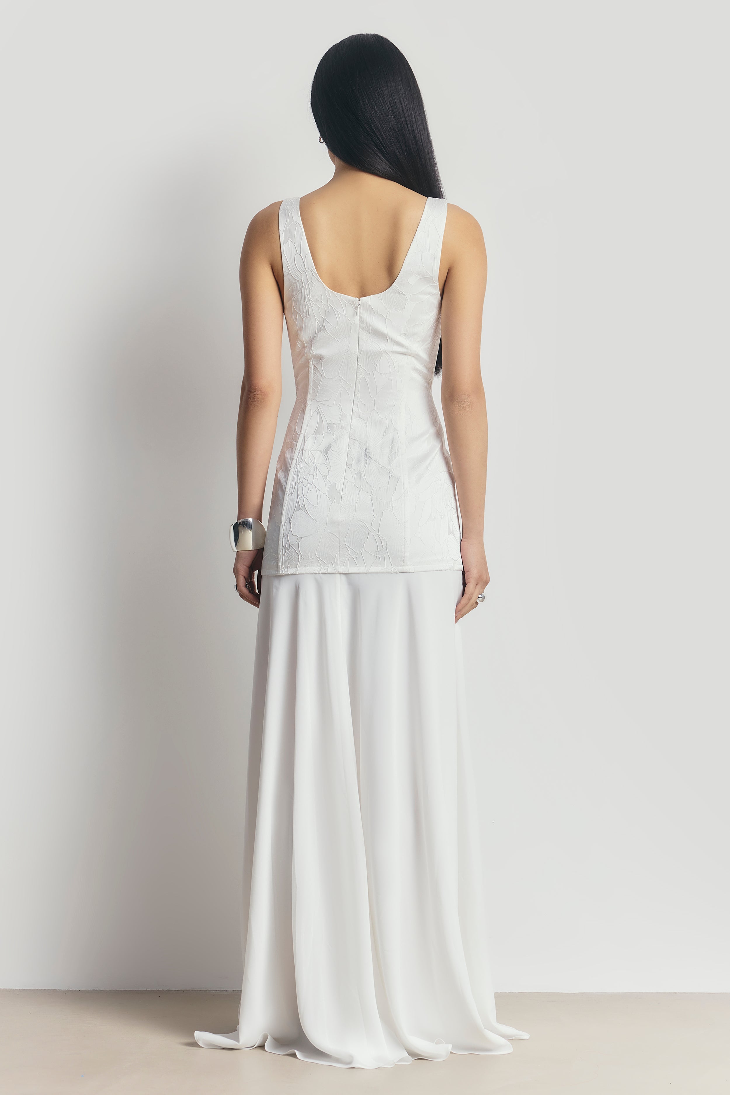 Jacquard Corset Gown with Chiffon Skirt - White