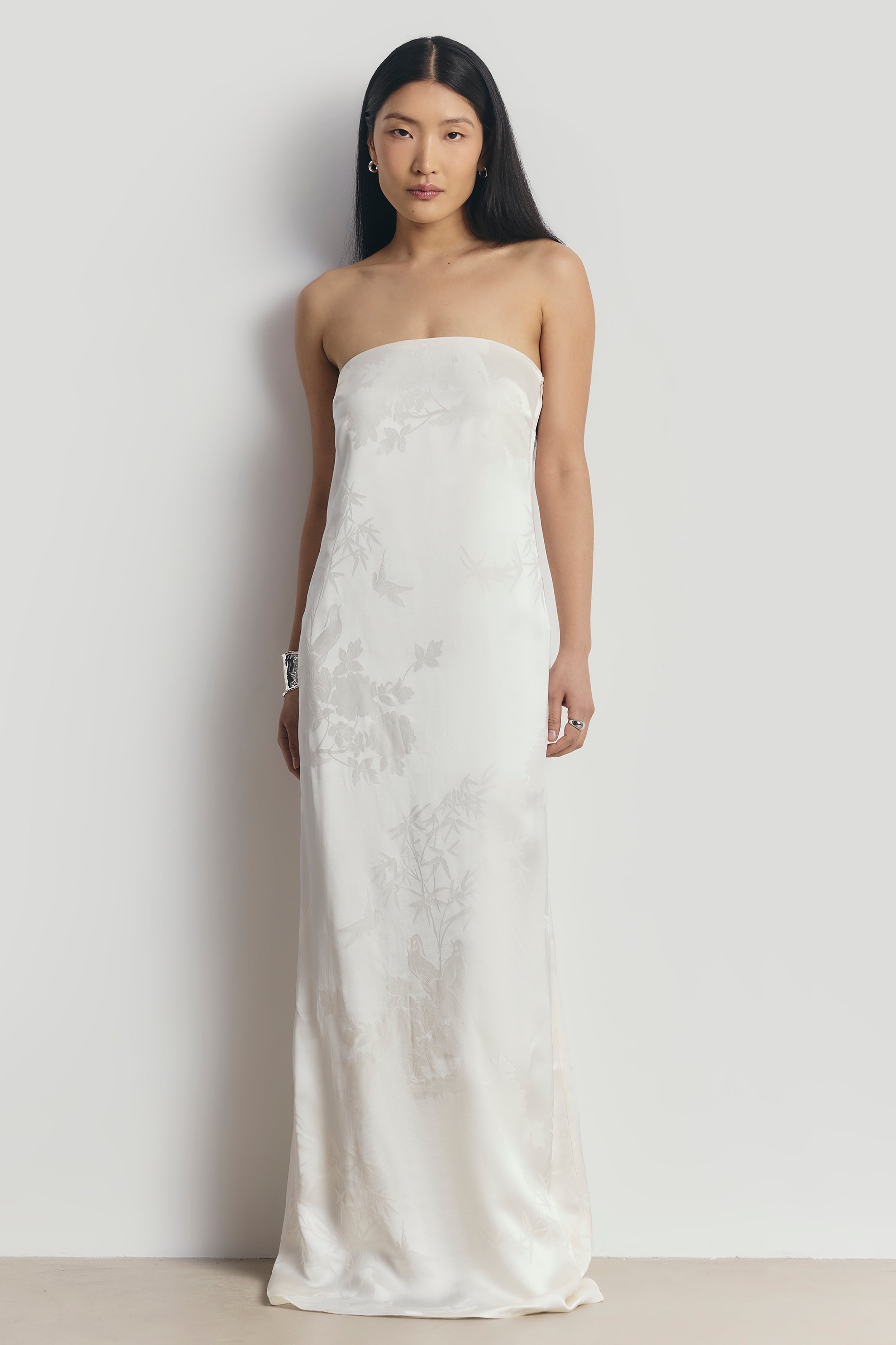 Satin Jacquard Strapless Maxi Dress - Cream