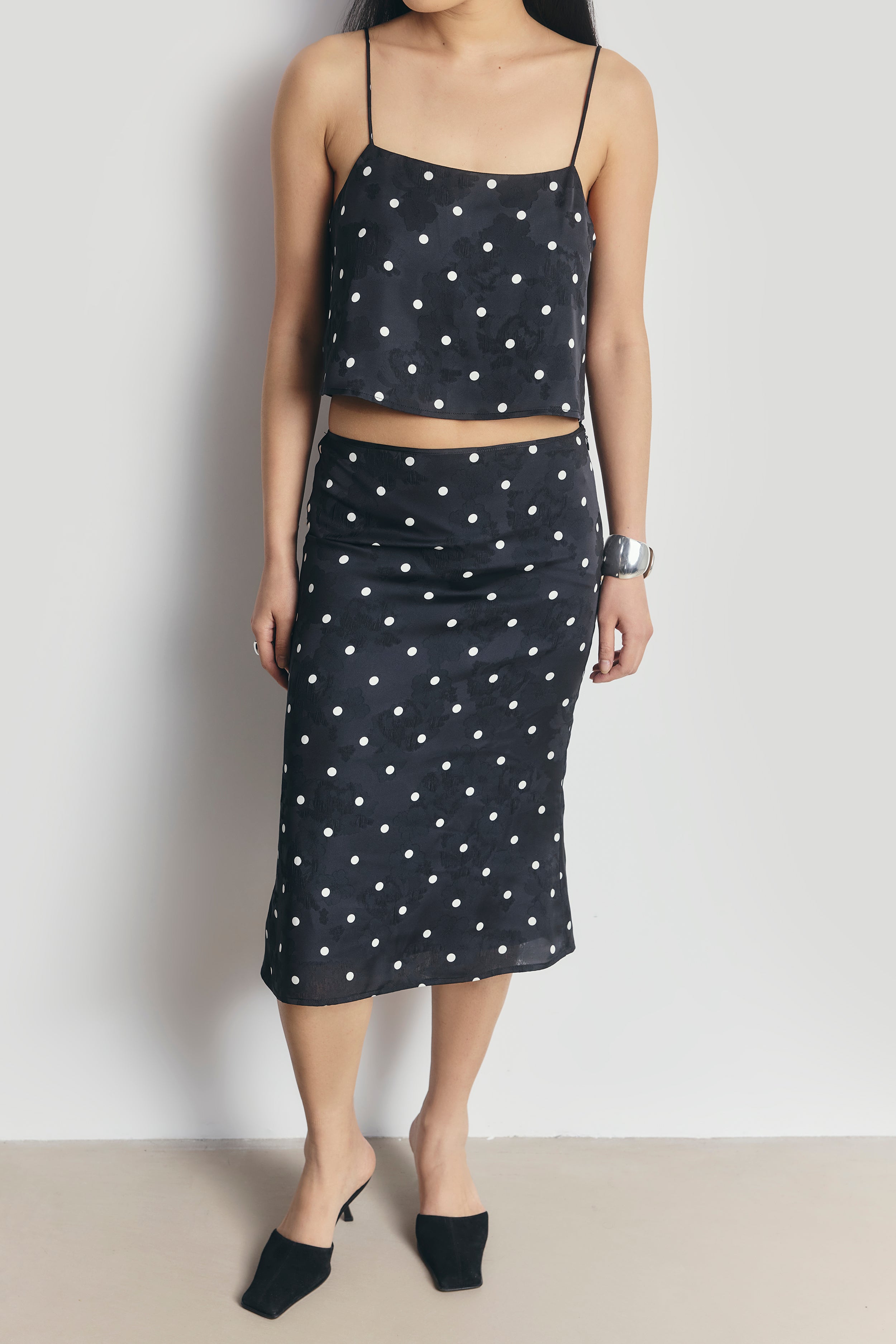 Satin Jacquard Polka Dot Midi Skirt - Black Polka Dot