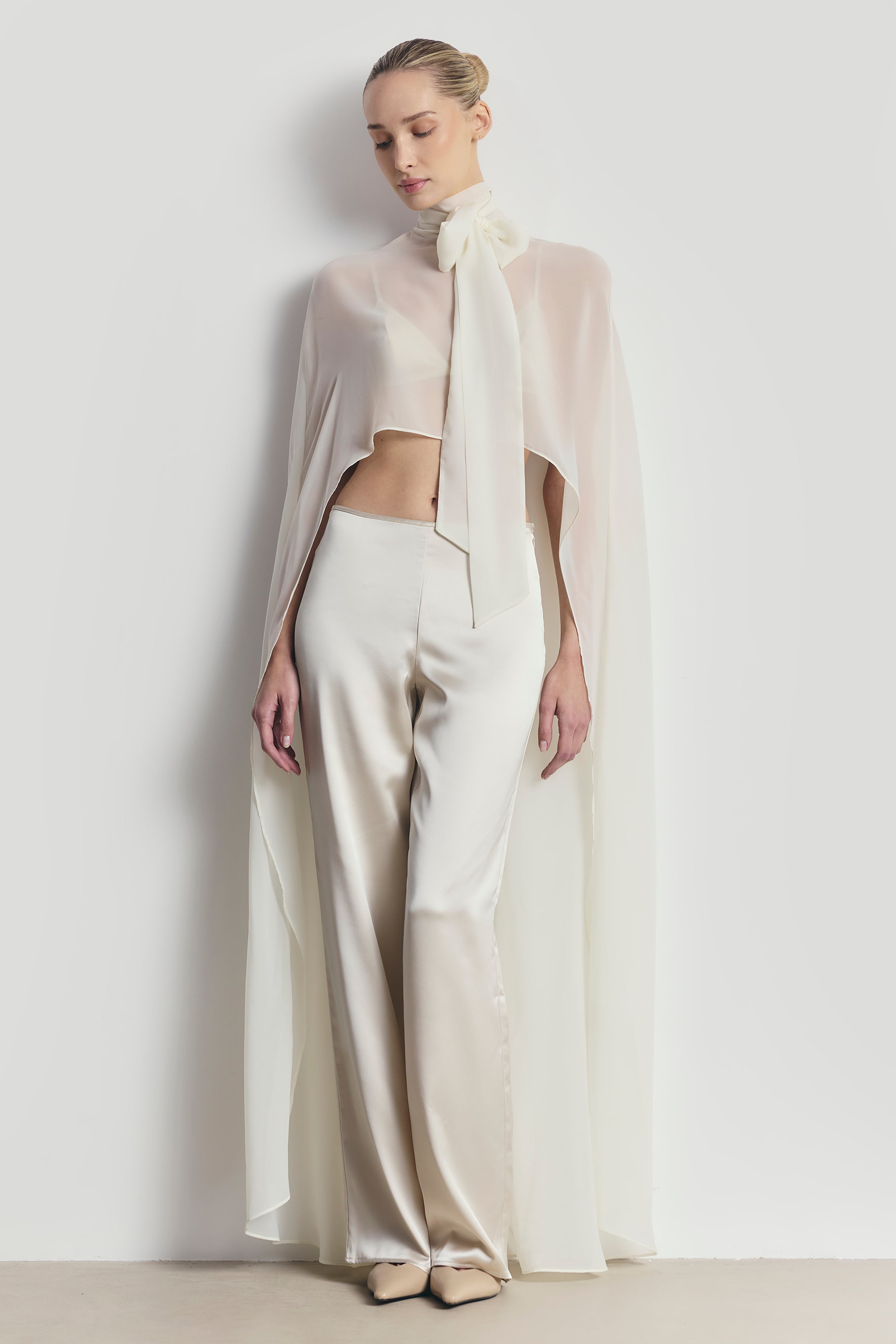 Sheer Chiffon High Neck Cape - Cream