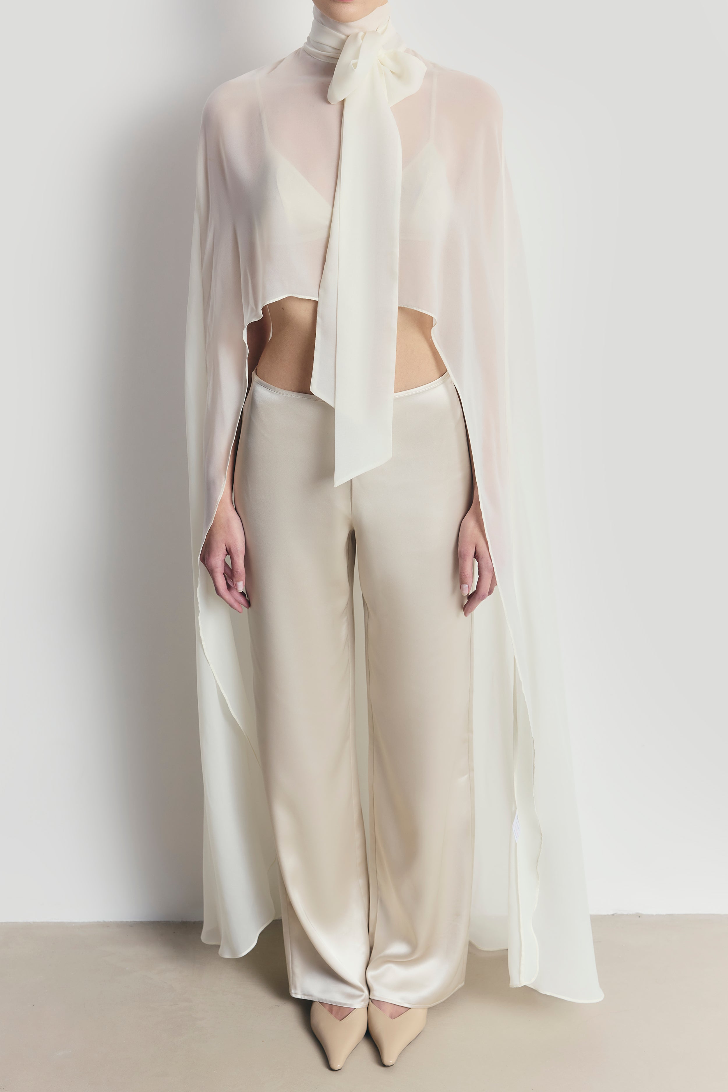 Sheer Chiffon High Neck Cape - Cream