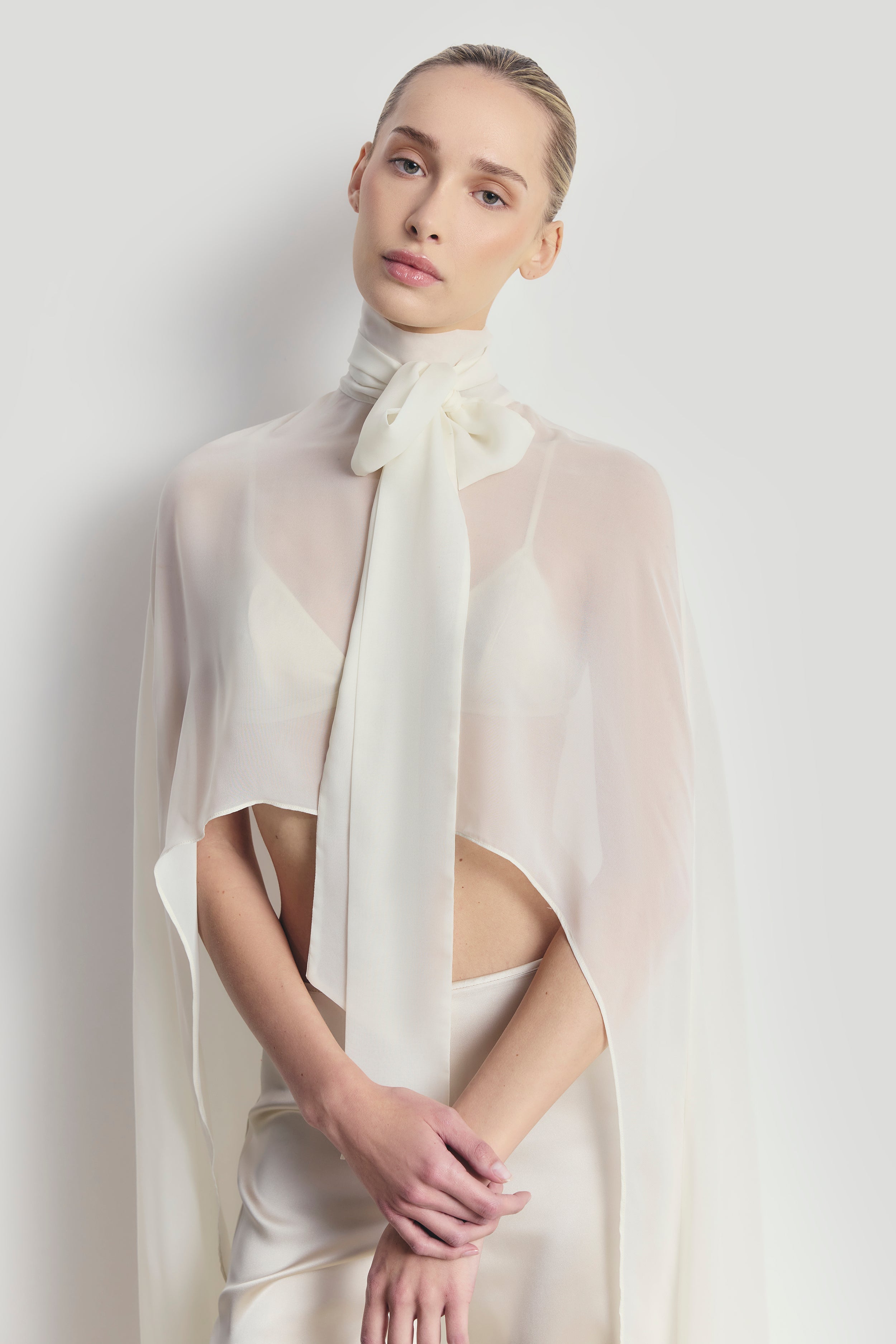 Sheer Chiffon High Neck Cape - Cream