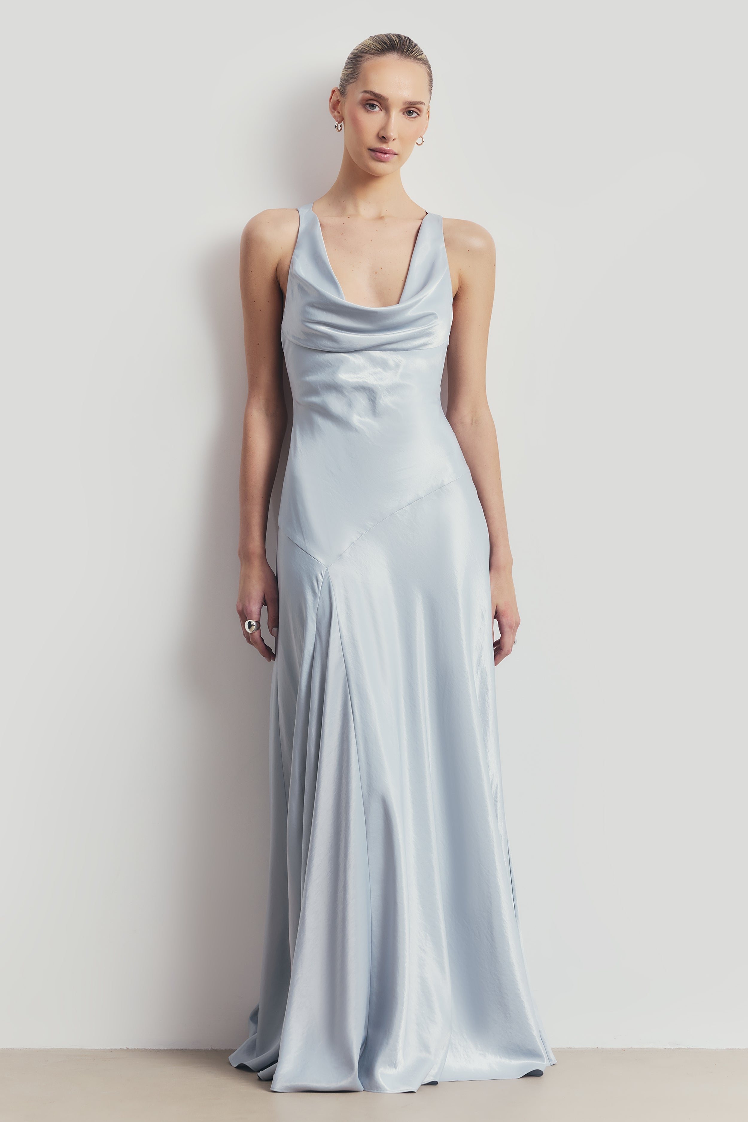 High Gloss Satin Asymmetric Panel Gown - Frost