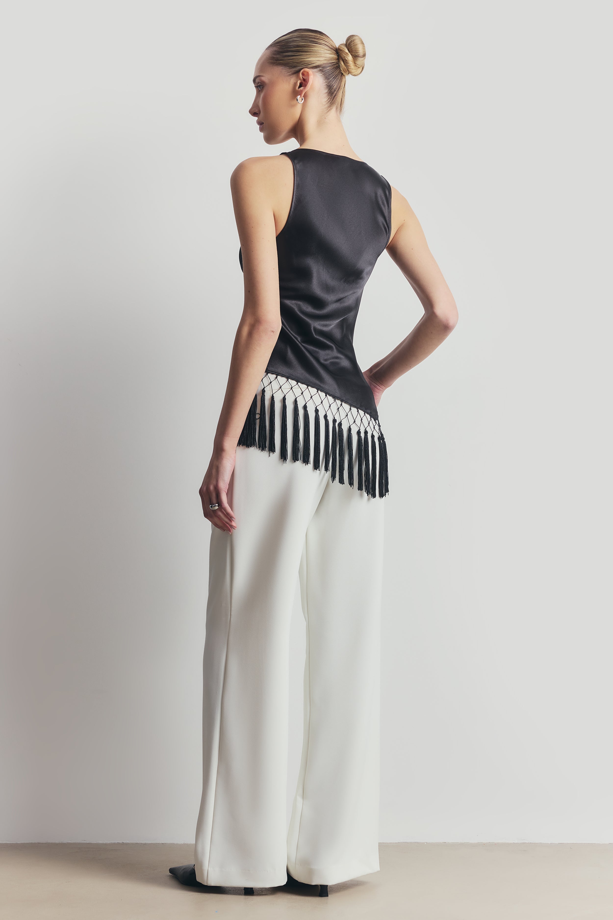 Satin Cowl Neck Tassel Hem Top - Black