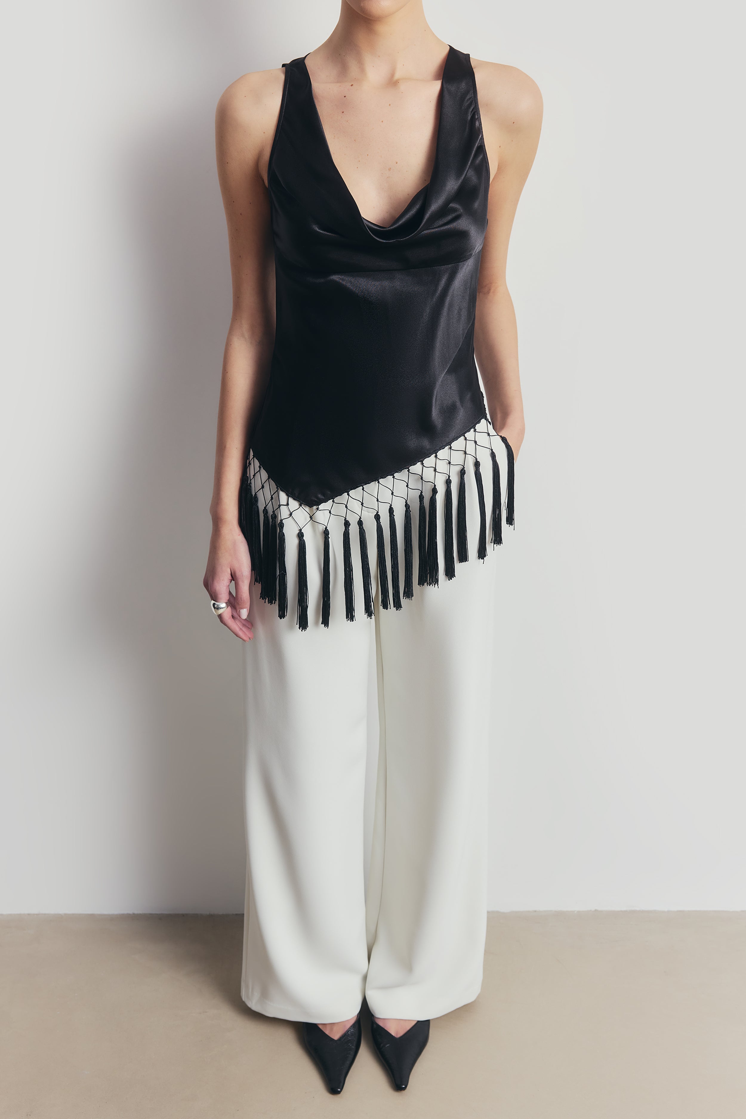 Satin Cowl Neck Tassel Hem Top - Black