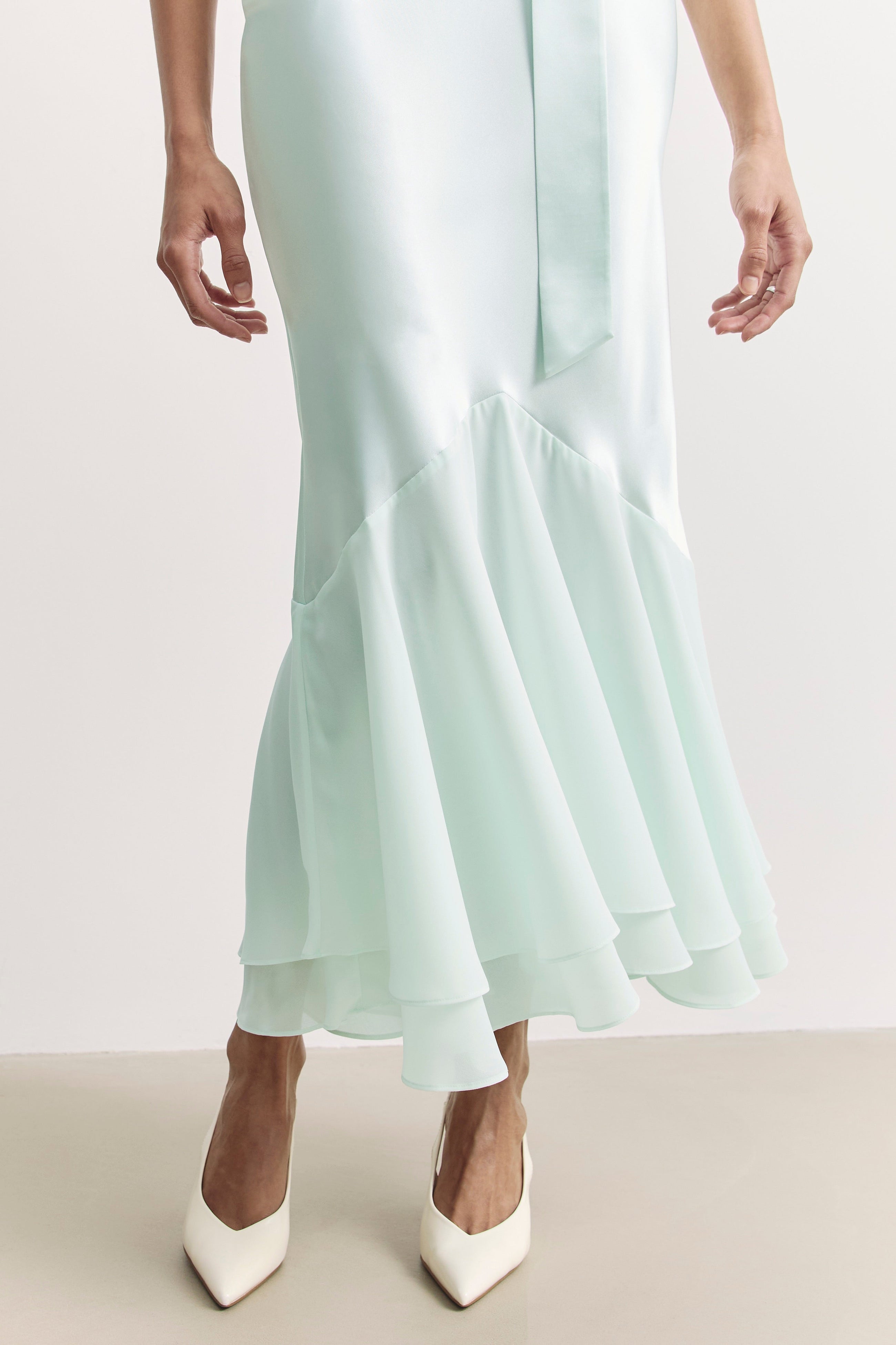 Satin Panel Scarf Detail Midi Dress - Mint