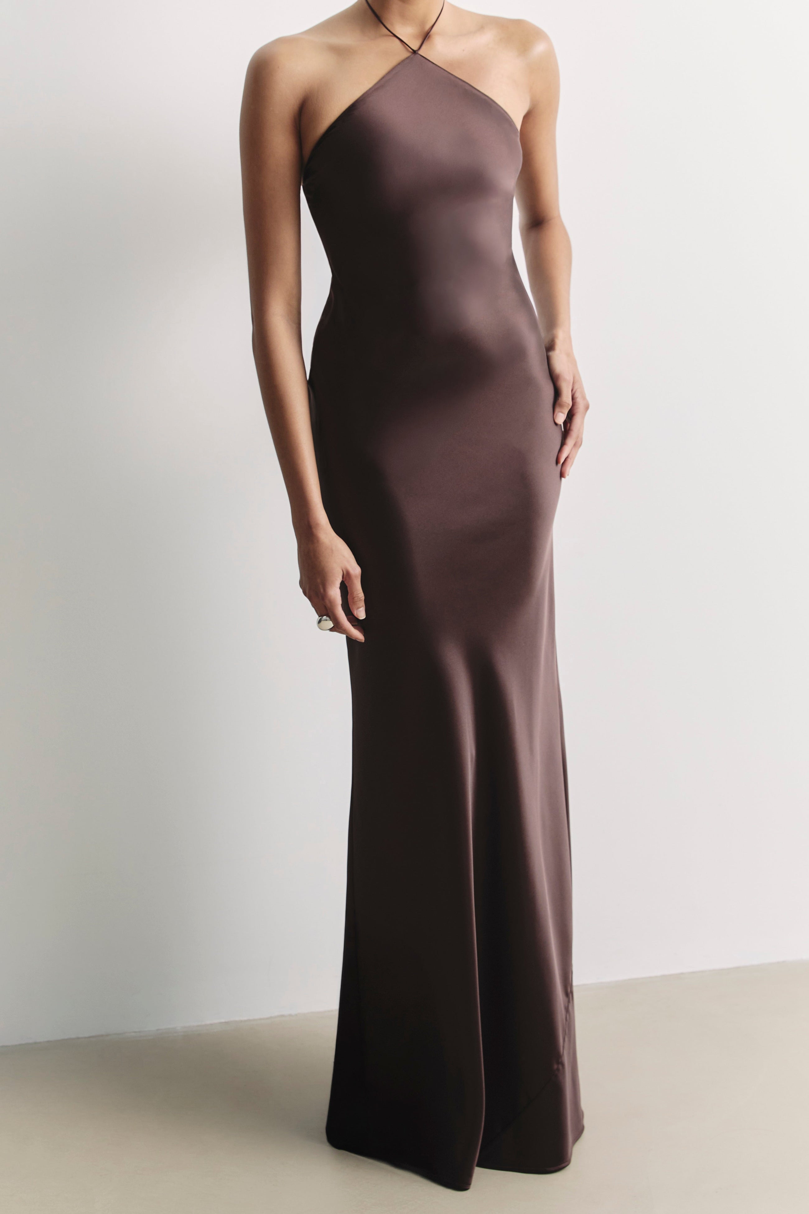 Clean Cut Satin Halterneck Gown - Carob