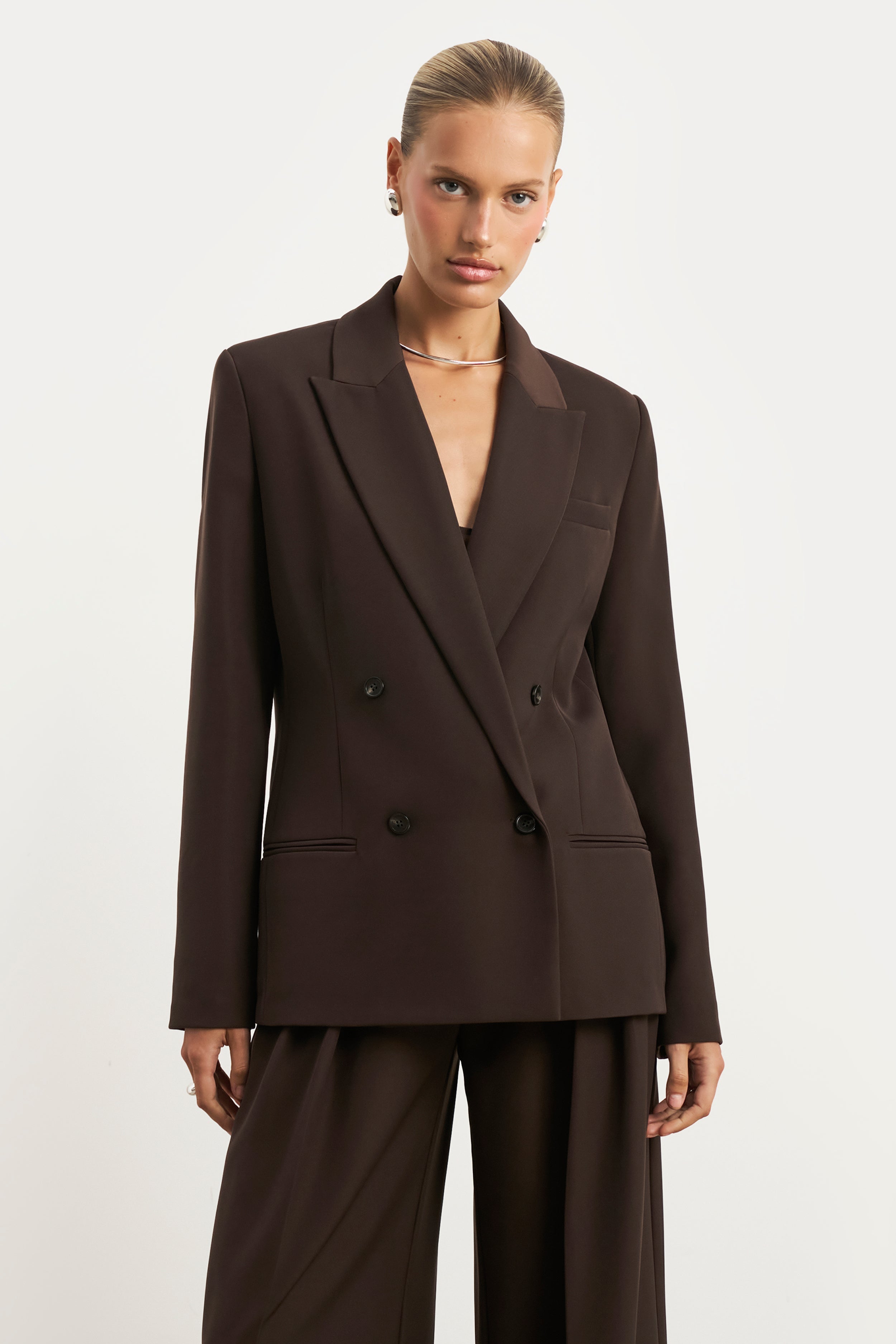 Dropped Waist Double Breasted Blazer - Carob