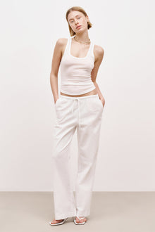 Linen Drawstring Wide Leg Trousers - White