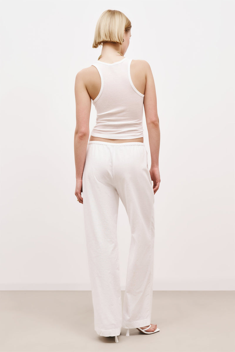 Linen Drawstring Wide Leg Trousers - White