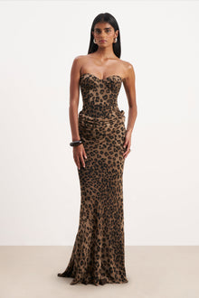 Corset Gown with Draped Hip - Leopard Print