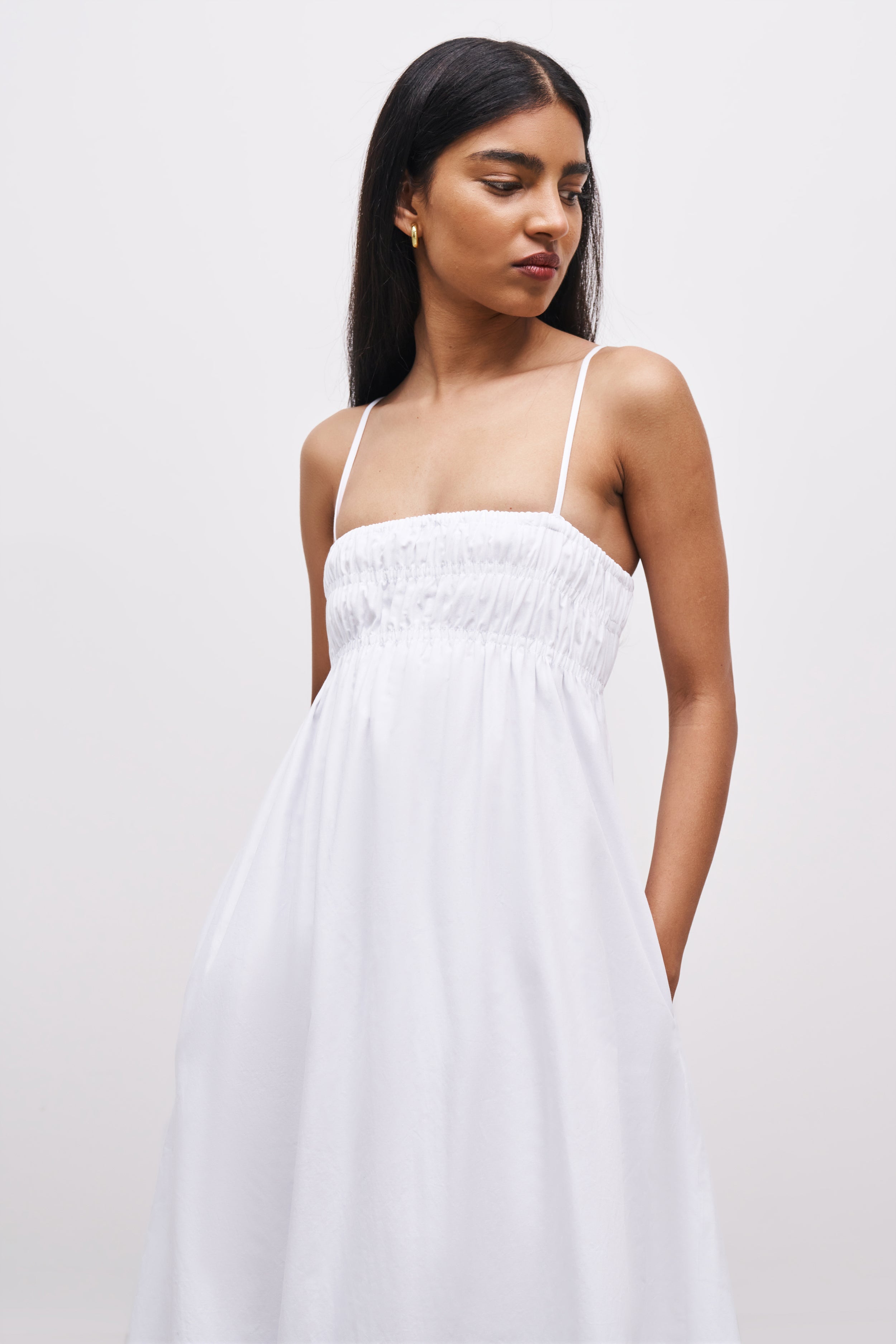 Ruched Cotton Maxi Dress - White