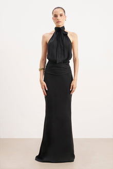 Cupro Backless Belted Halterneck Top - Black