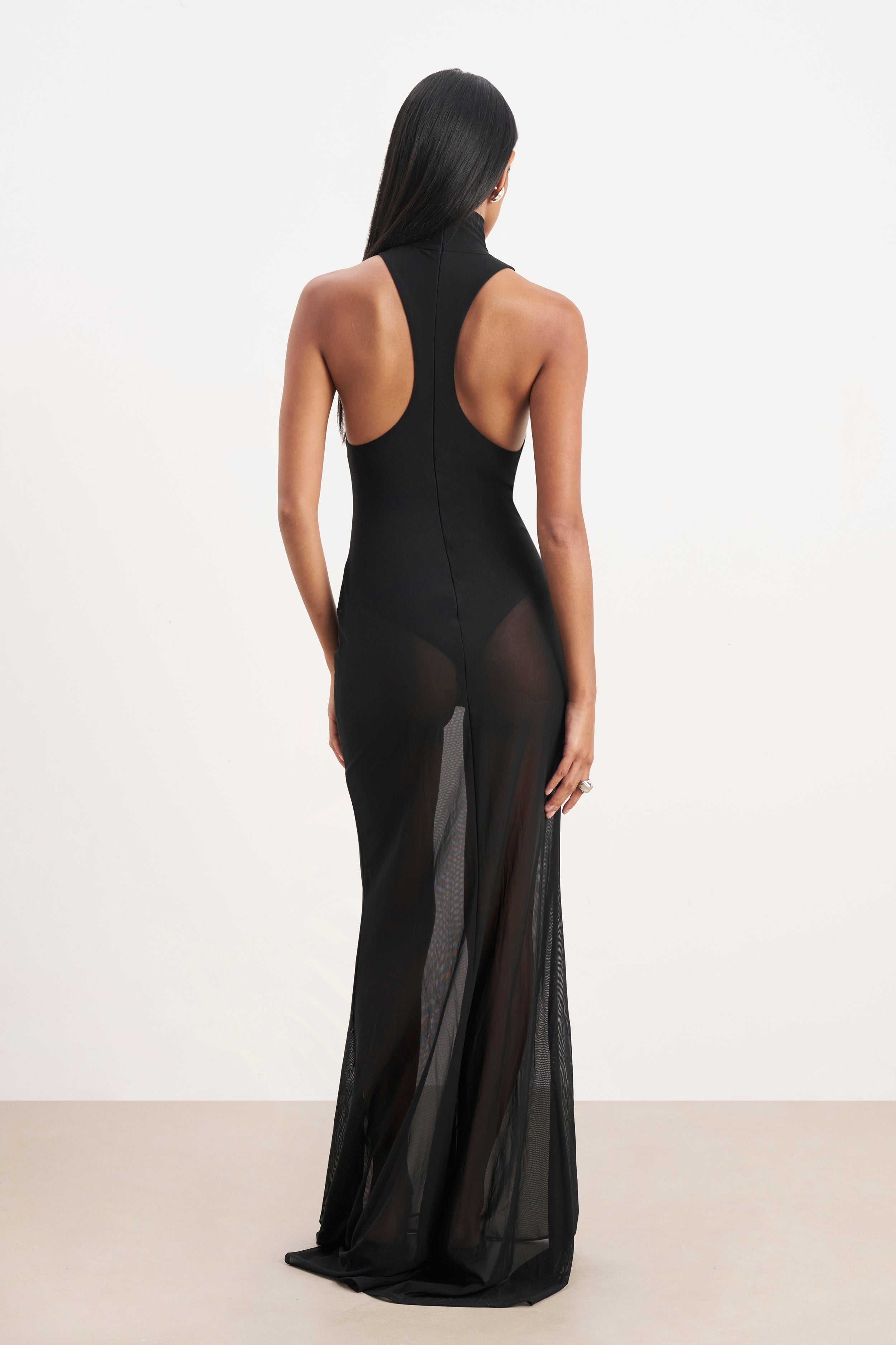 Sheer High Neck Racerback Gown - Black