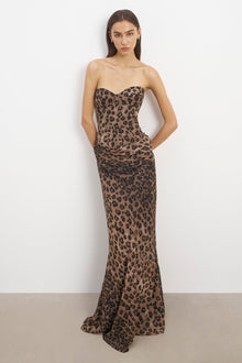 Corset Gown with Draped Hip - Leopard Print