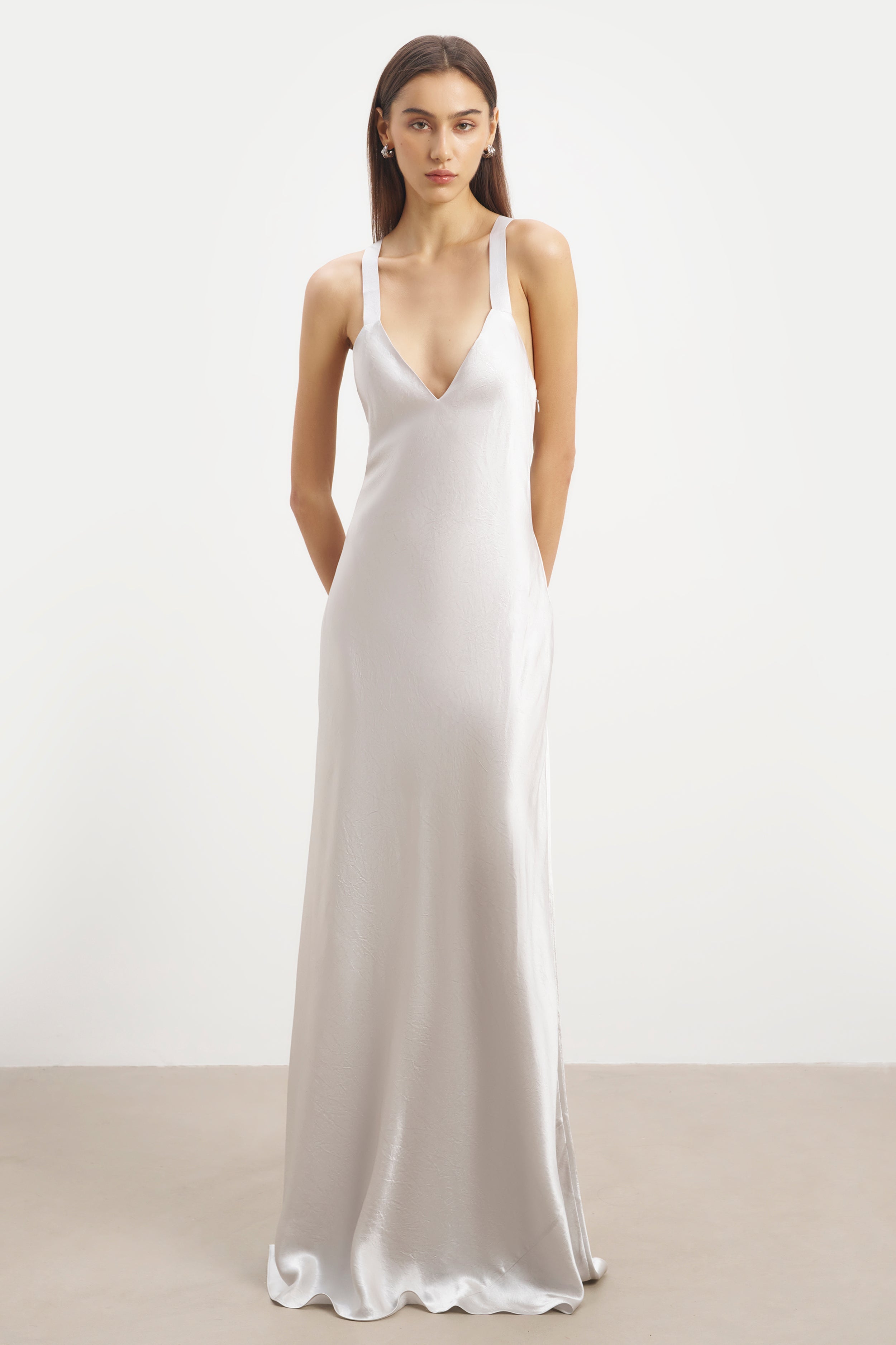 Crushed Satin Cross Back Gown - Chrome