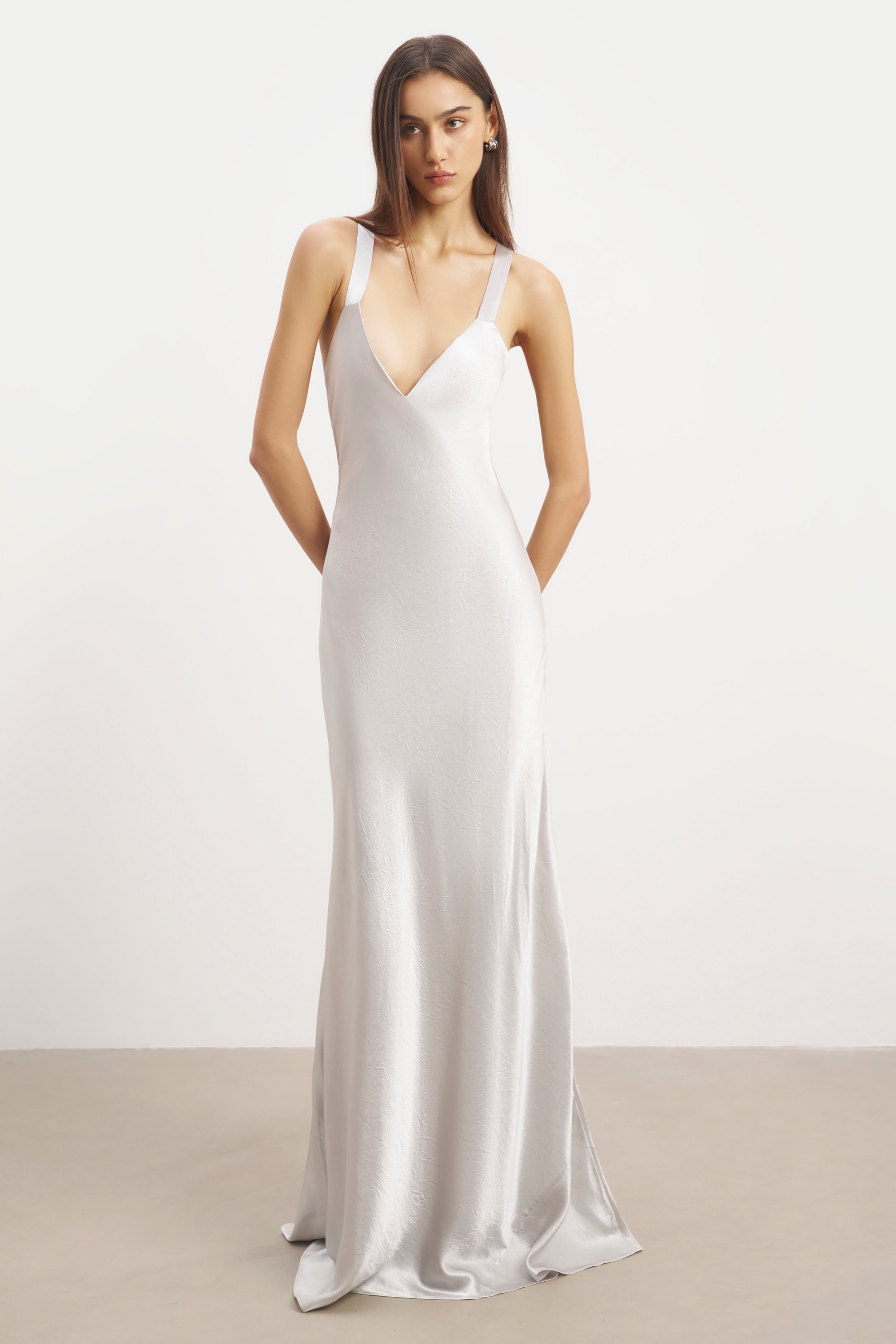 Crushed Satin Cross Back Gown - Chrome