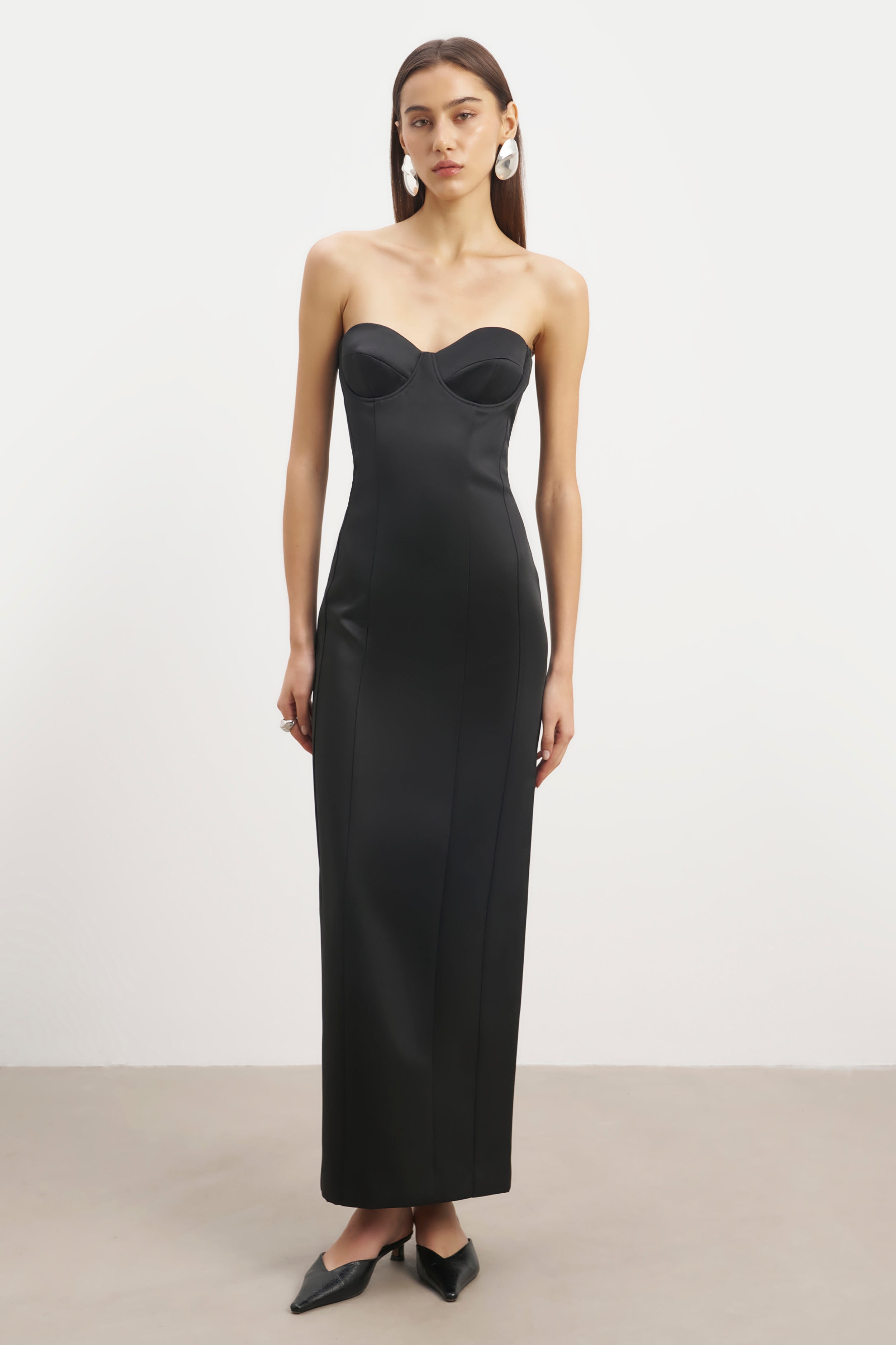 Satin Column Corset Maxi Dress - Black