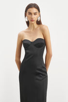 Satin Column Corset Maxi Dress - Black