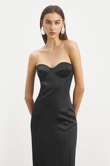 Satin Column Corset Maxi Dress - Black