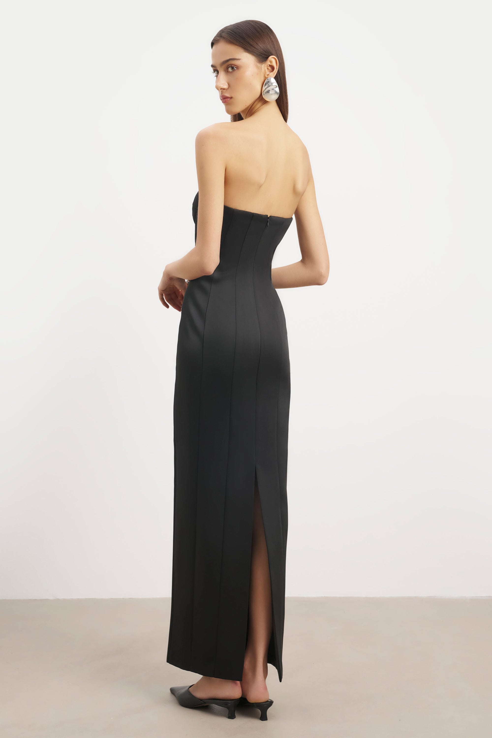 Satin Column Corset Maxi Dress - Black