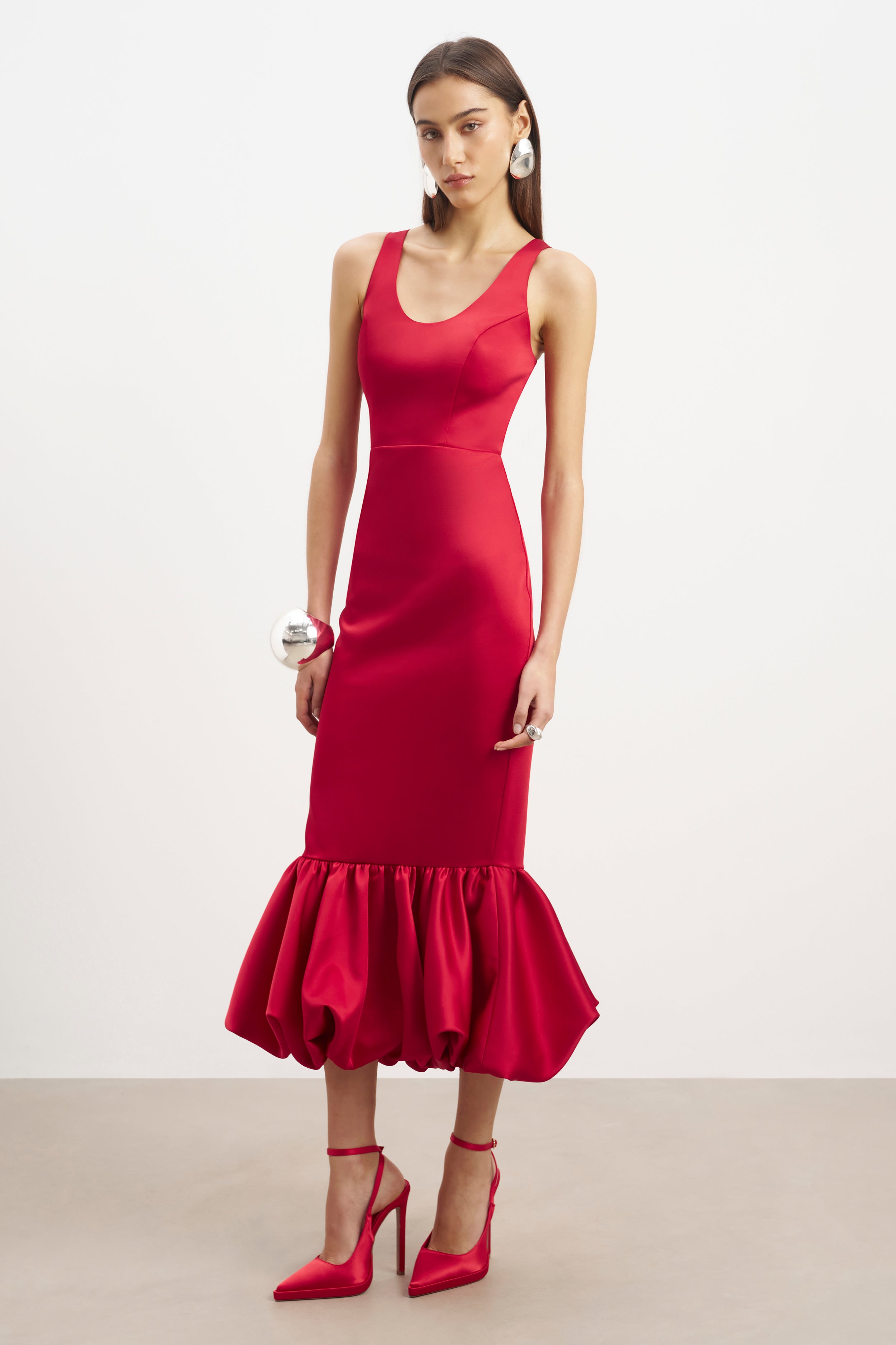 Satin Bubble Hem Midi Dress - Scarlet